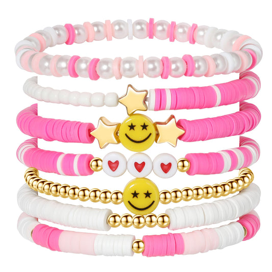 YALASOBA Preppy Bracelets Set Colorful White Gold Smile Heart Star Polymer Beaded Pearl Clay Stackable Charm Y2K Kidcore Aesthetic Summer Beach Bohemian Stretch Layering Bracelets Jewelry for Girls Women Teens (Pink)