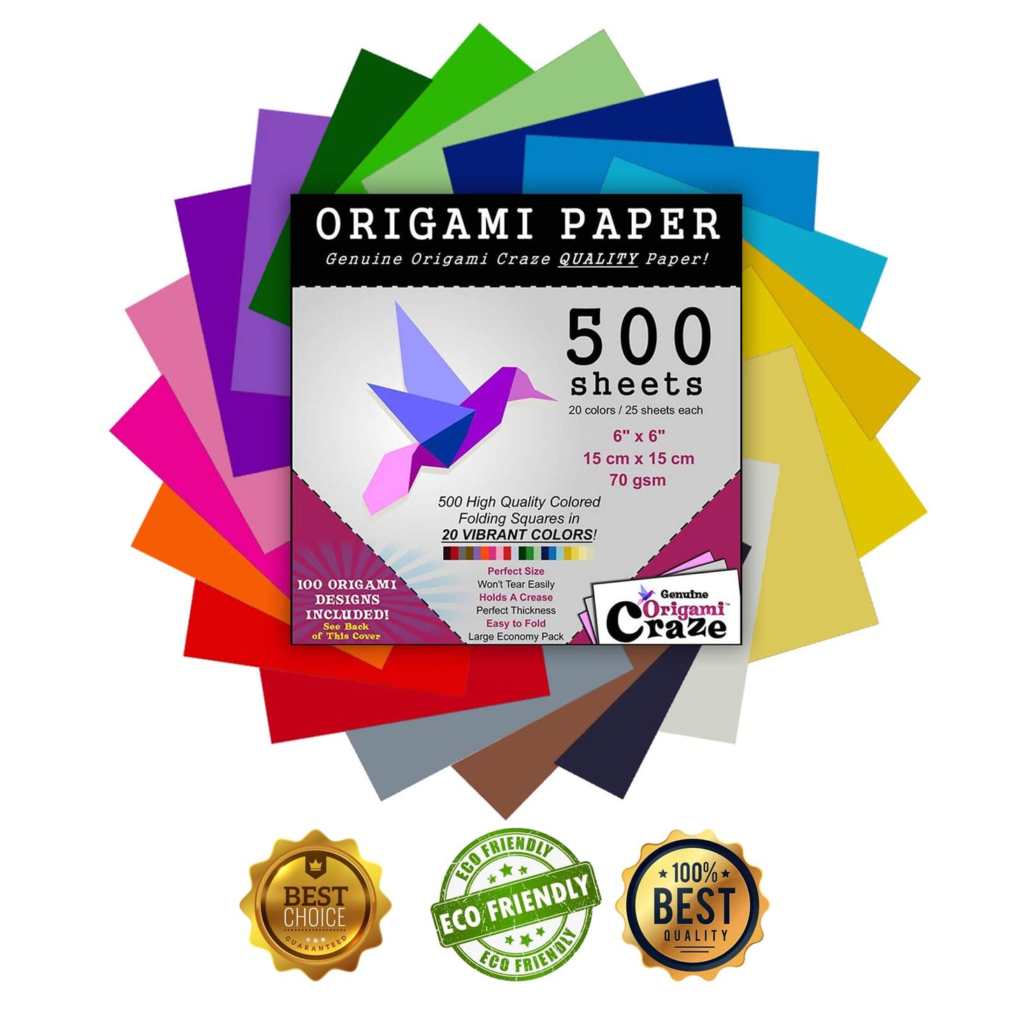 Origami Paper 500 Sheets Premium Quality for Arts and Crafts 6" Square Sheets 20 Vibrant Colours Same Colour on Both Sides 100 Design Ebook Included (See Back of Cover for Download info)