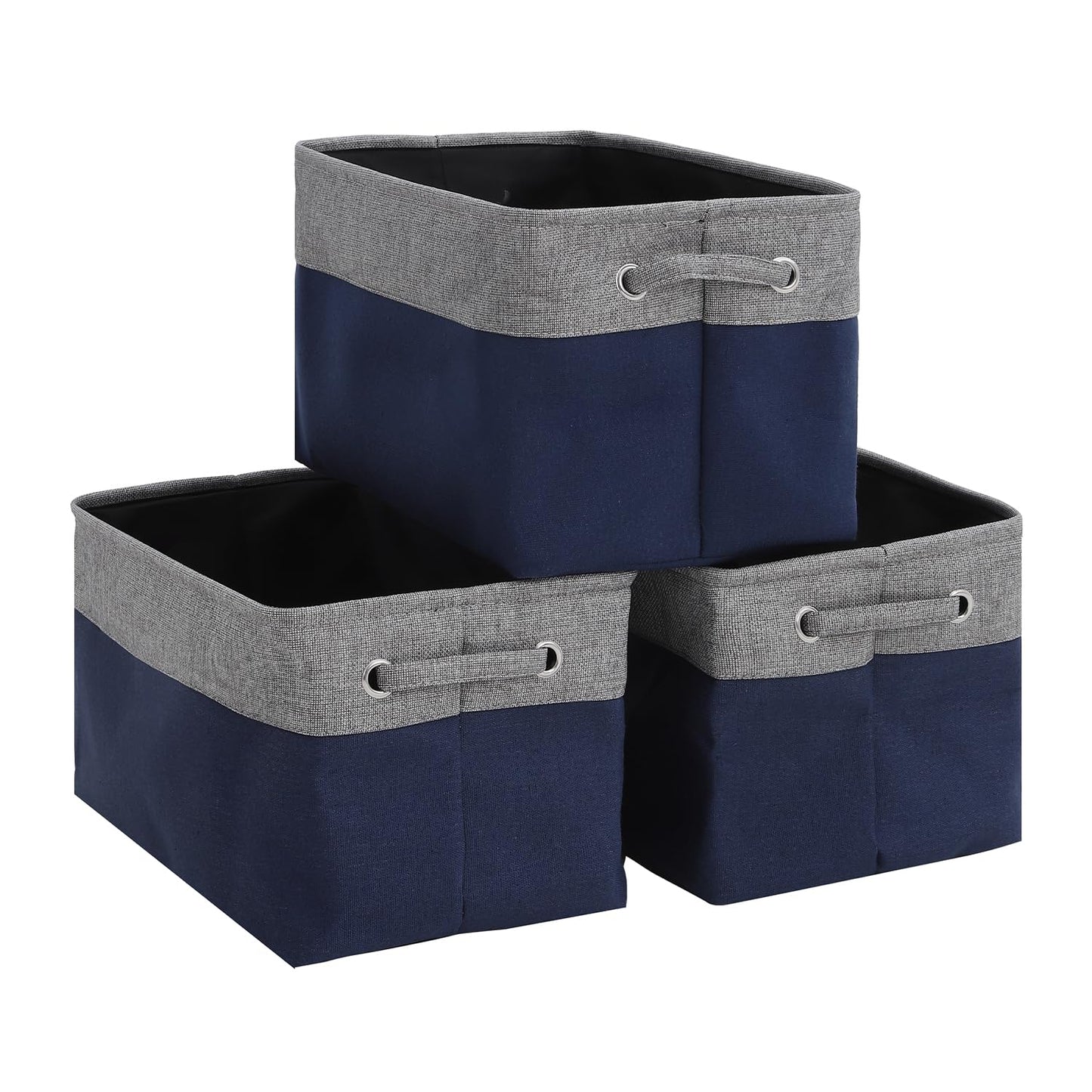 MAQIAO 3 Pack Collapsible Storage Bin Foldable Canvas Fabric Open Storage Basket Cube Box, Sturdy Organizer With Handles for Home, Office, Nursery, Closet Shelves（gray and navy
