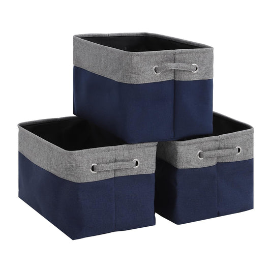 MAQIAO 3 Pack Collapsible Storage Bin Foldable Canvas Fabric Open Storage Basket Cube Box, Sturdy Organizer With Handles for Home, Office, Nursery, Closet Shelves（gray and navy