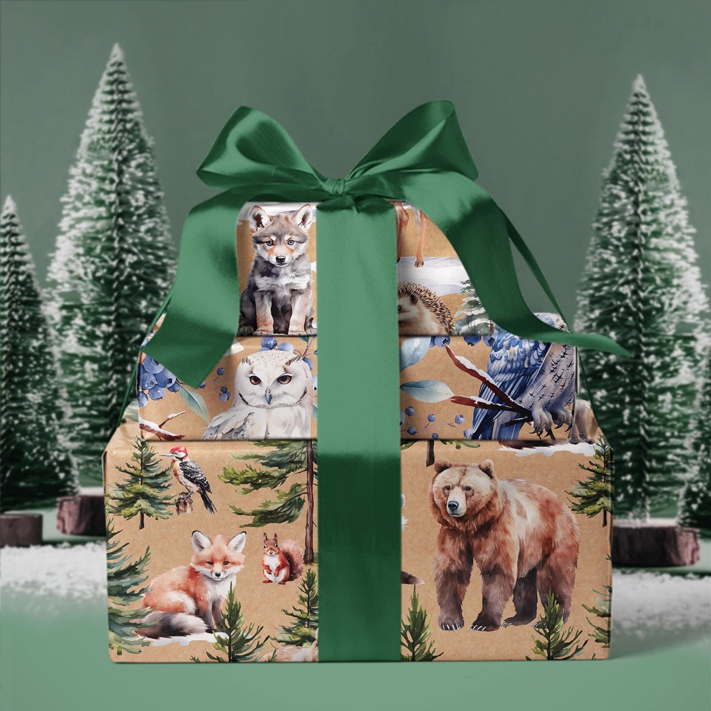 Kraft Christmas Wrapping Paper Roll - Mini Roll - 3 Rolls - 17 Inch x 120 Inch Per Roll - Wild Animals Winterfall Watercolor Holiday Collection
