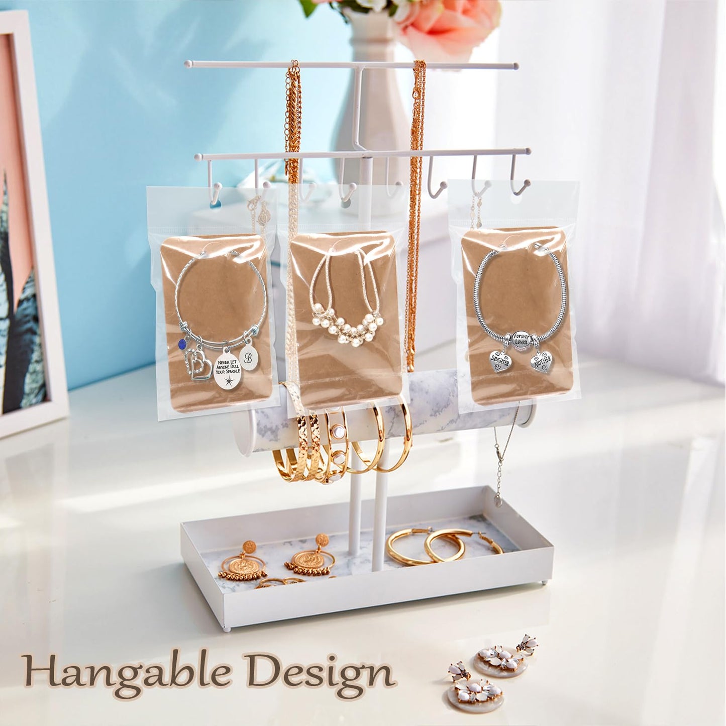 ZYNERY 100 PCS Keychain Display Cards, 3 x 4.7 Inch Keychain Holder with Self-Sealing Bags, Card Display Rack for Displaying Keyring Jewelry Bulk Keychains Packaging Supplies (Brown)