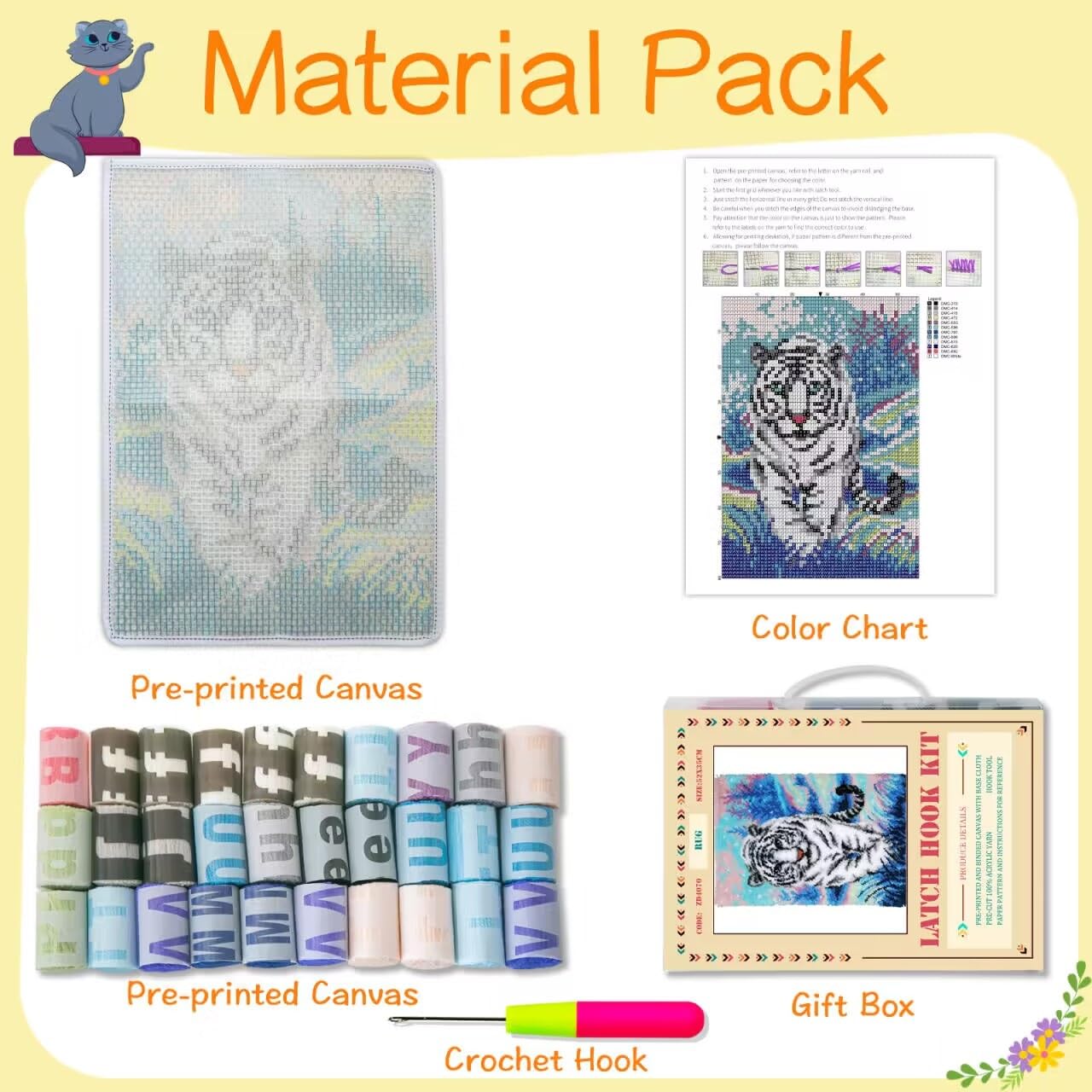 Tiger Latch Hook Rug Kit for Adult, DIY Handmade Carpet Crochet Needlework Mat Knotted Cushion Tapestry, Pre-Printed Latch Hook Kits, Embroidery Decoration Festival Gift 20x15 in.