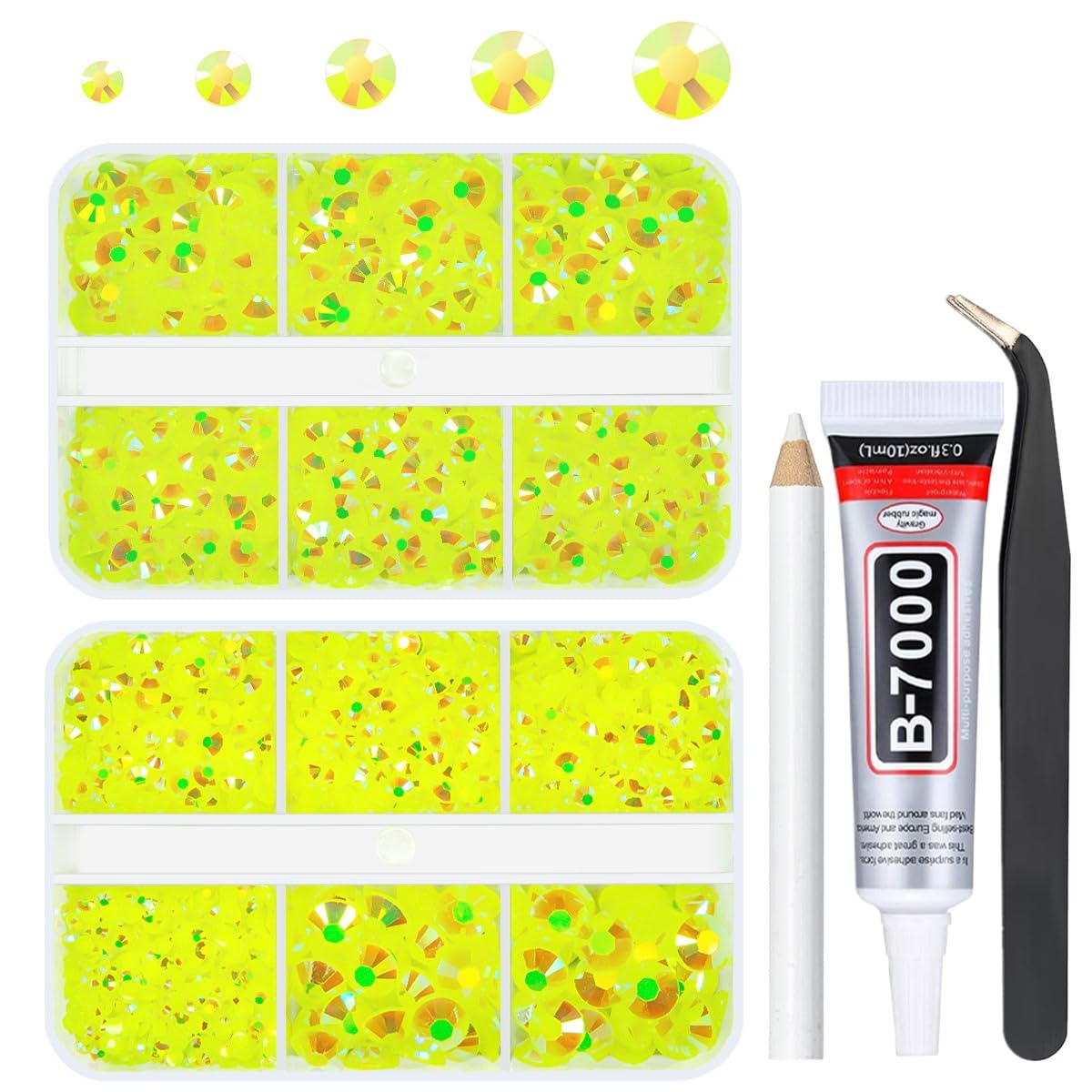 qiipii Neon Yellow AB Resin Rhinestones w B7000 Jewelry Glue for Bedazzling Crafting 2-6mm Fluorescent Yellow Flatback Jelly Stones Diamonds Gems for Face Eyes Makeup Tumblers Bottles Crafts Clothes