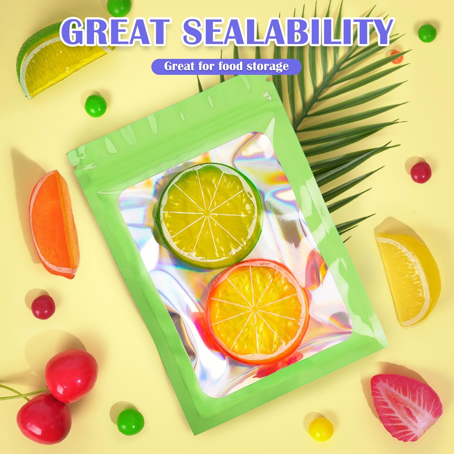 JETMORE 300 Pcs Mylar Bags, Smell Proof Bags Foil Pouch, Holographic Resealable Bags for Small Business, Candy Sample Jewelry Bag Sealable Packaging for Party Favor Food Storage (2.4x3.9in-Green)