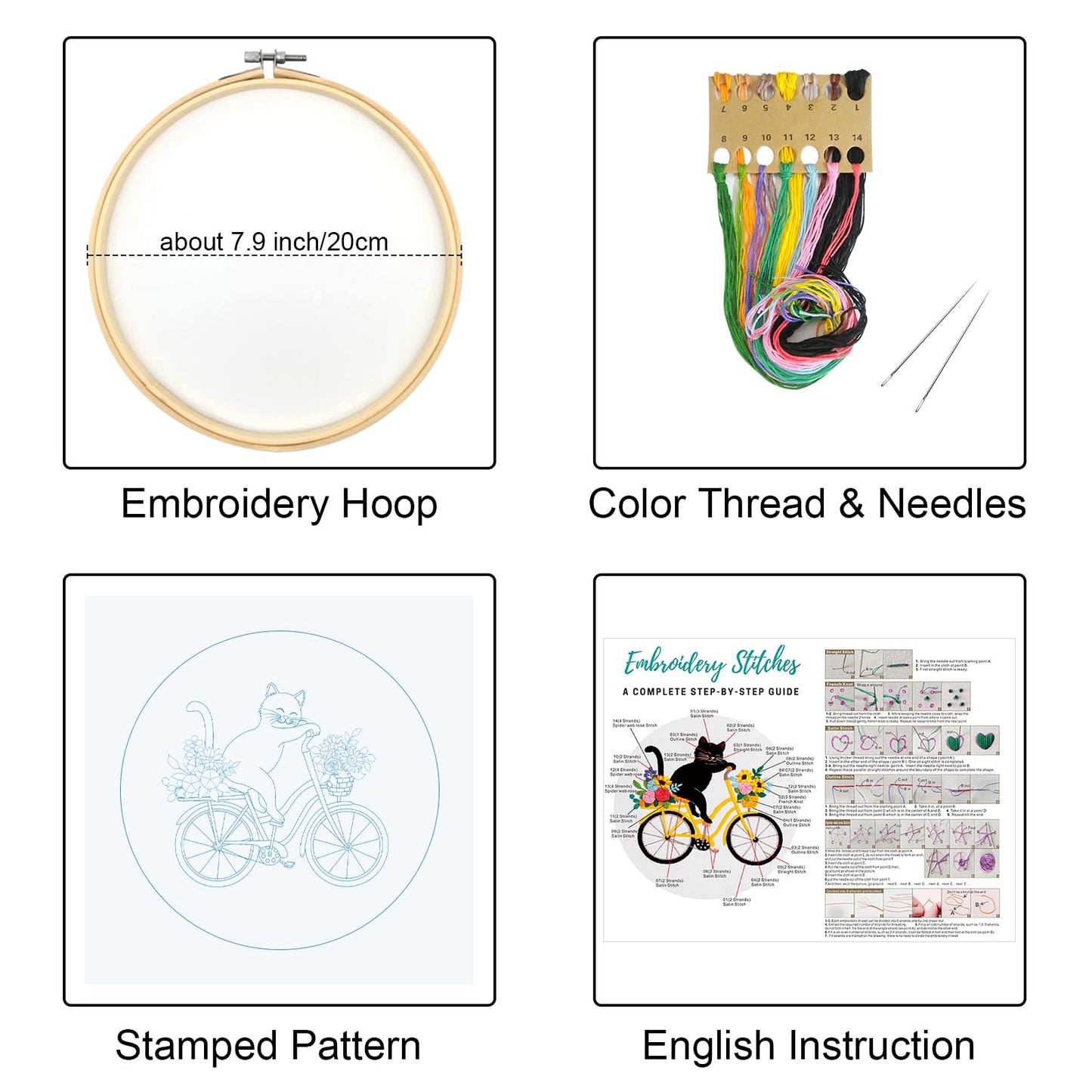 Louise Maelys Cute Cat Embroidery Kits for Beginners with Flower Bike Pattern,Adults Starter Cross Stitch Kit DIY Needlepoint