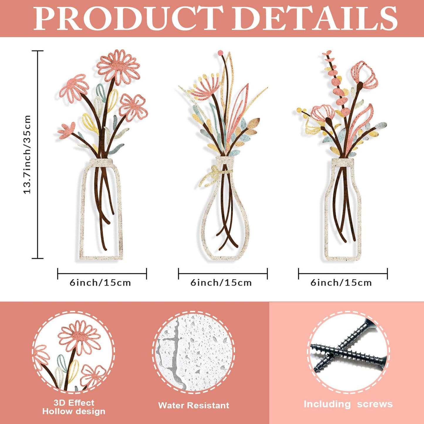 3 Pieces Metal Flowers Wall Arts - Rustic Farmhouse Style Décor Metal Wall Art Black Minimalist Flower Natural Themed Wall Decors for Home Bedroom Dining Room Housewarming (Pink Beige)