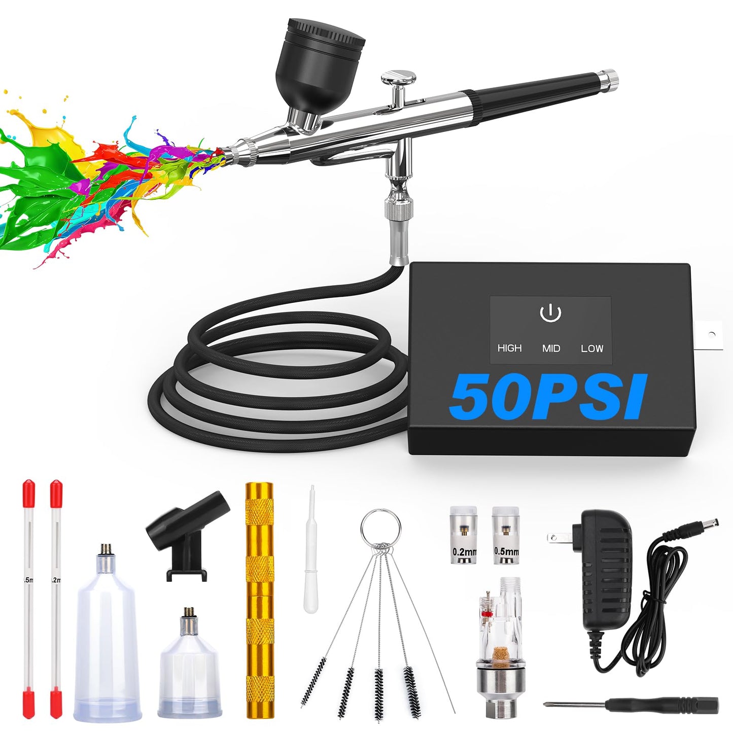 Airbrush Kit with Air Compressor: 50PSI High Pressure Air Brush Kit with 0.2/0.3/0.5mm Nozzle & Cleaning Set for Painting, Modeling, Cake Decorating, Makeup, Nails, Crafts