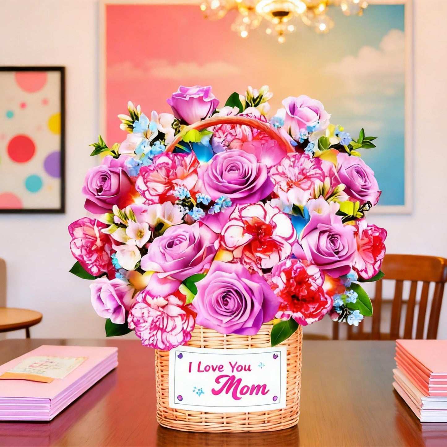 MZD8391 Mothers Day Card With Music & Lights, 3D Pop Up Mothers Day Gifts, Carnation & Rose, 10 Inch Life Sized Forever Flower Bouquet Birthday Card for Mom Wife Women Her