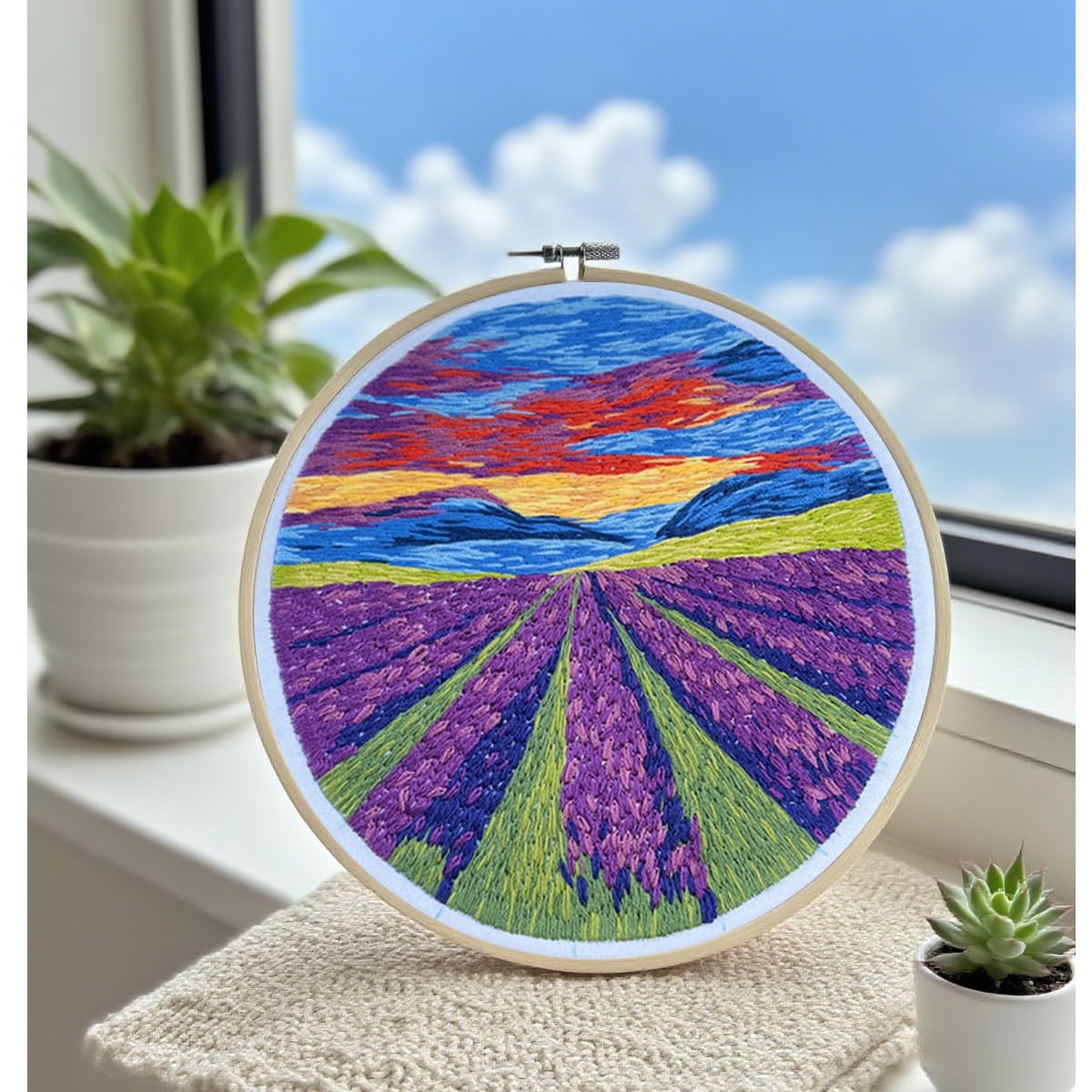 Maydear 6 Pack Embroidery Starter Kit with Pattern, Stamped Cross Stitch Kits for Beginners Adults with Embroidery Hoop and Instructions, Hand Embroidery Kit (Landscape six Sets)