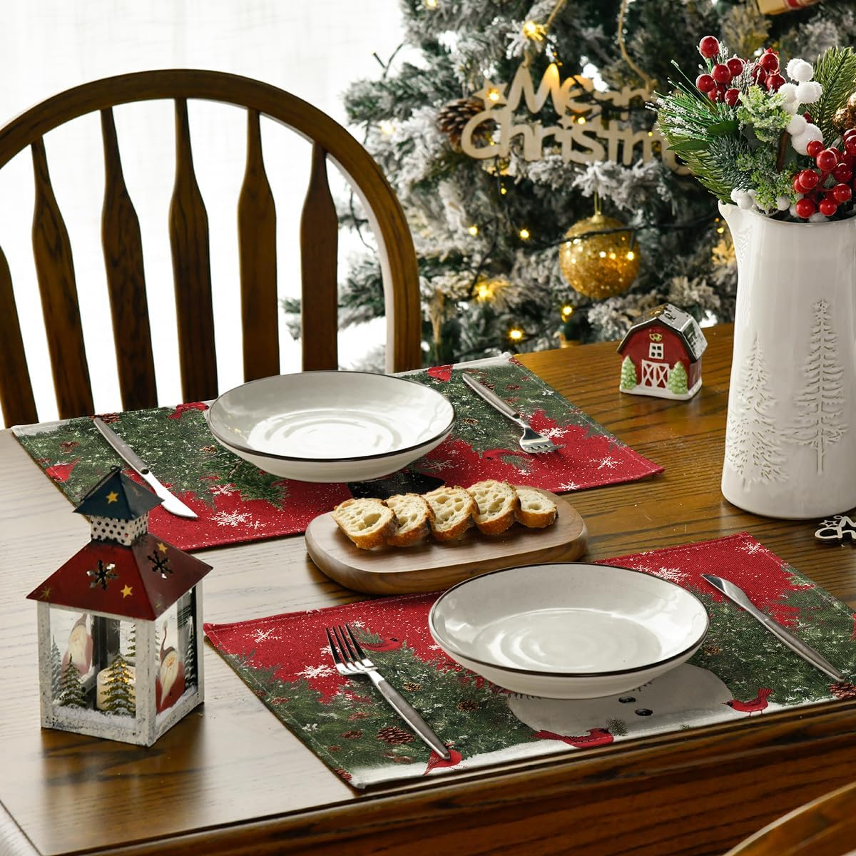 Snowman Cardinals Trees Christmas Placemats for Dining Table, 12 x 18 Inch Seasonal Winter Birds Xmas Holiday Rustic Vintage Thanksgiving Washable Table Mats Set of 4