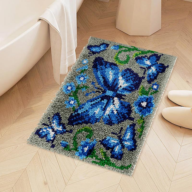 Blue Butterfly Latch Hook Kits for Adults, Beginners Insect Latch Hook Rug Starter Kit Pre-Printed Carpet Making Set DIY Handmade Wall Hanging Craft for Home Decoration 20x15 inch