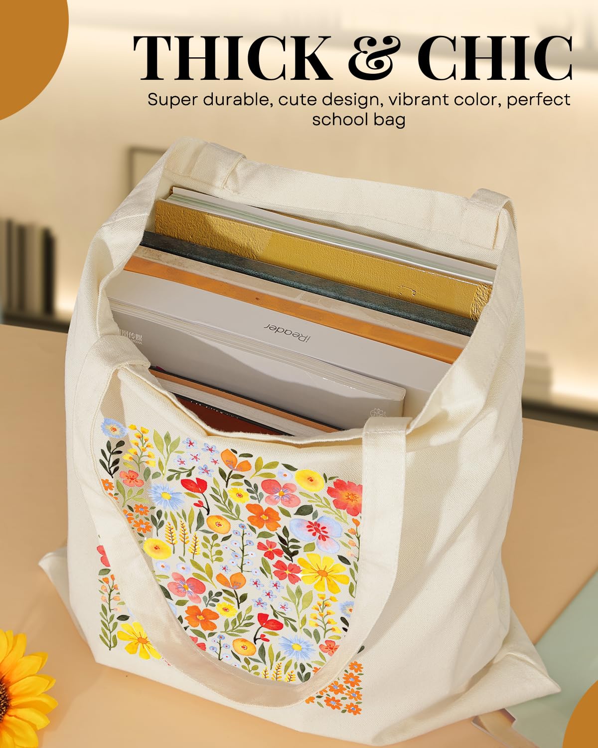 AUSVKAI Canvas Tote Bag Aesthetic for Women, Cute Yellow Wild Flower Reusable Cloth Cotton Bags for Shopping Beach Gifts
