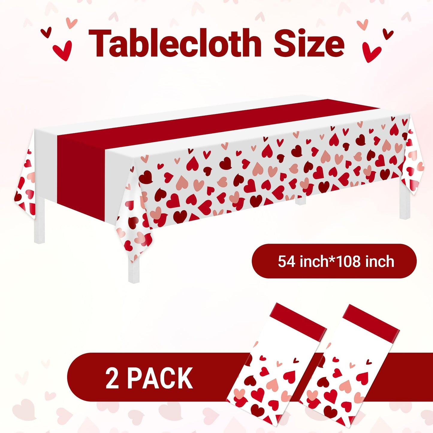 2 Pcs Valentines Day Tablecloths for Valentines Day Decorations,54" x 108" Disposable Plastic Tablecloths,Rectangle Heart Table Cover for Party Decorations Mothers Day Anniversary Birthday