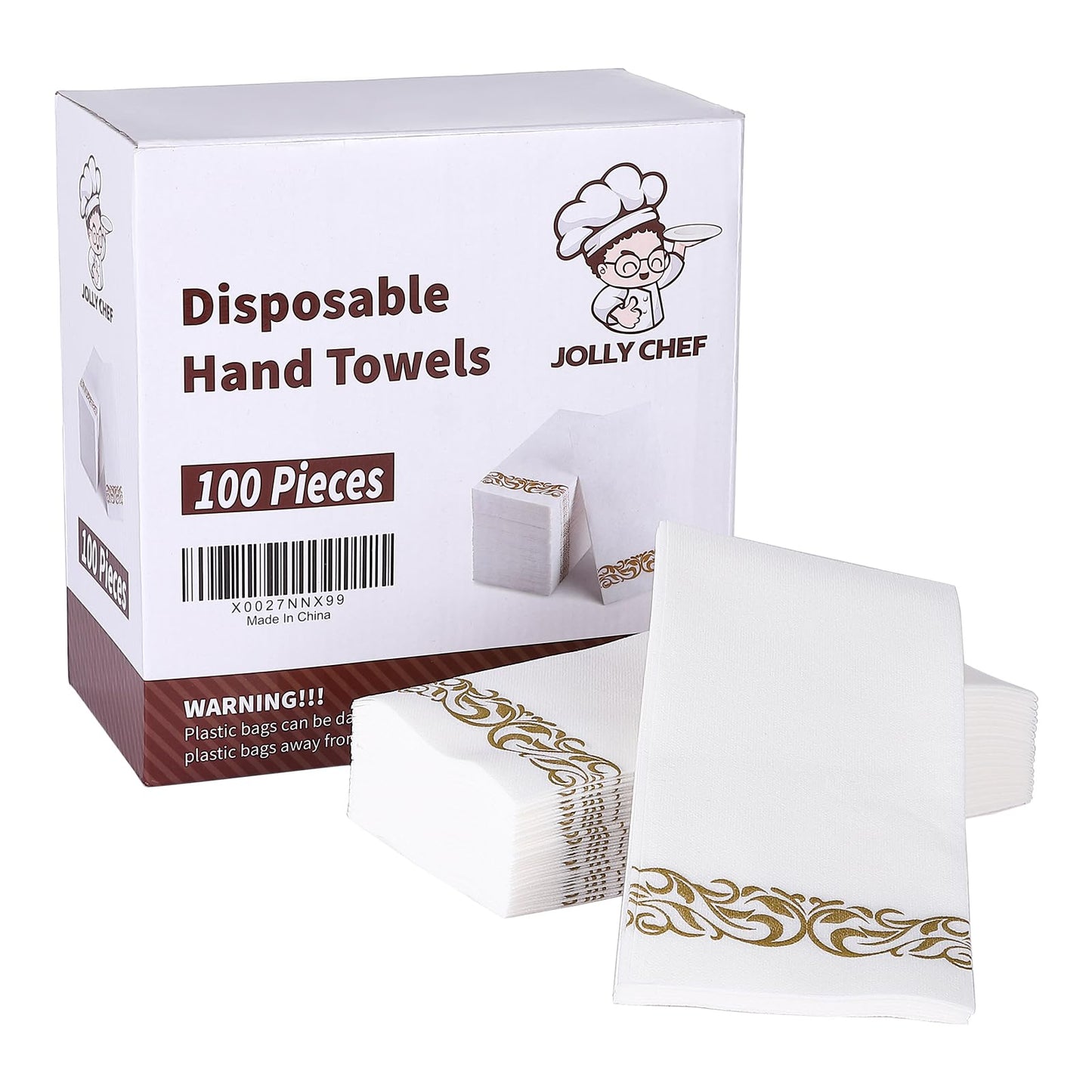 JOLLY CHEF 100 Disposable Hand Towels, Soft and Absorbent Linen Feel Dinner Napkin, Elegant Decorative Paper Guest Towels for Kitchen, Bathroom,Weddings,Parties, Gold and White