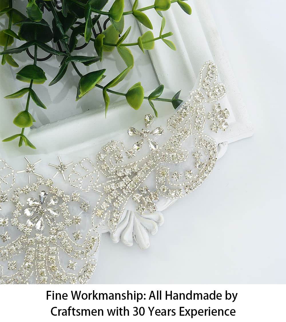 ShiDianYi Diamante Sweet Heart Rhinestone Bridal Sash Applique, Pearl Beaded Wedding Applique