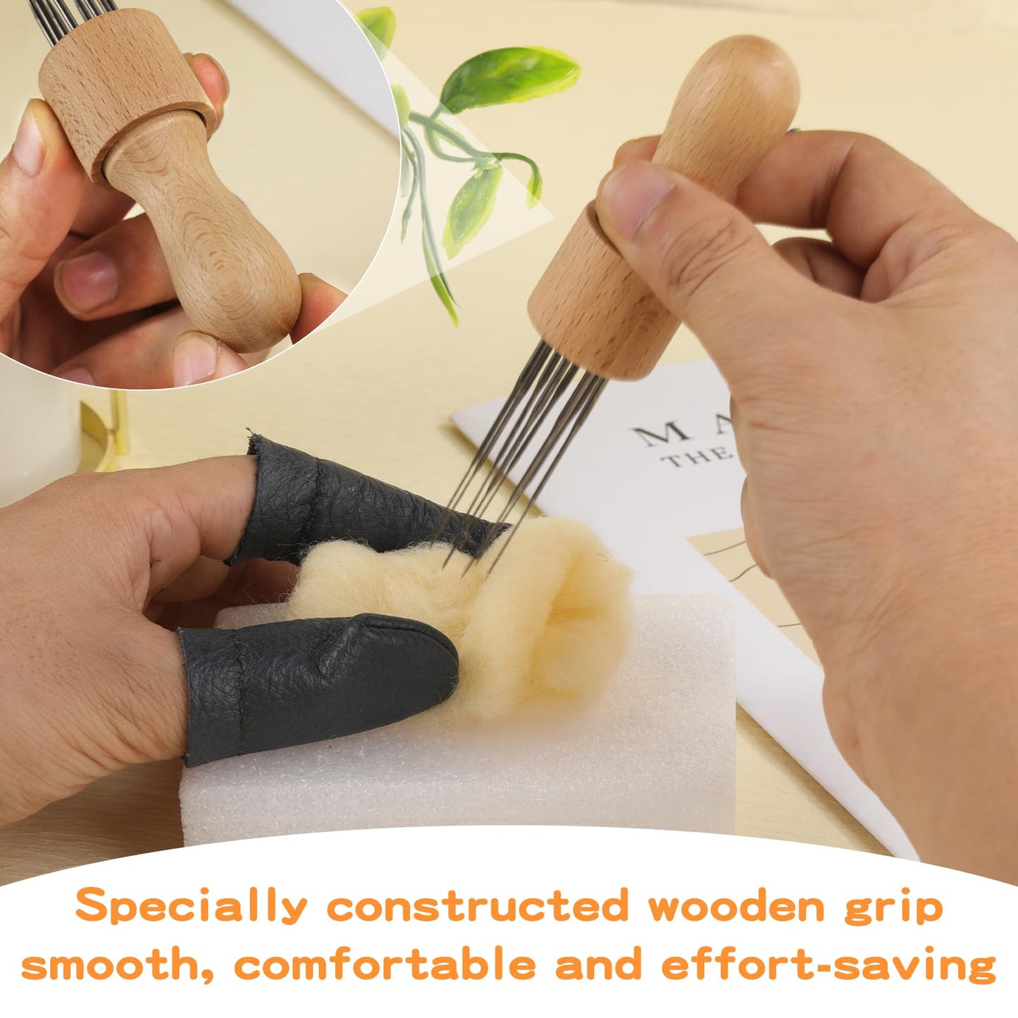 Mayboos Felting Needle with Eight Needles Tool,Craft Wool Felt Stitch Punch Tool with Solid Wood Handle Felting Eight Needles Tool with Finger Cots