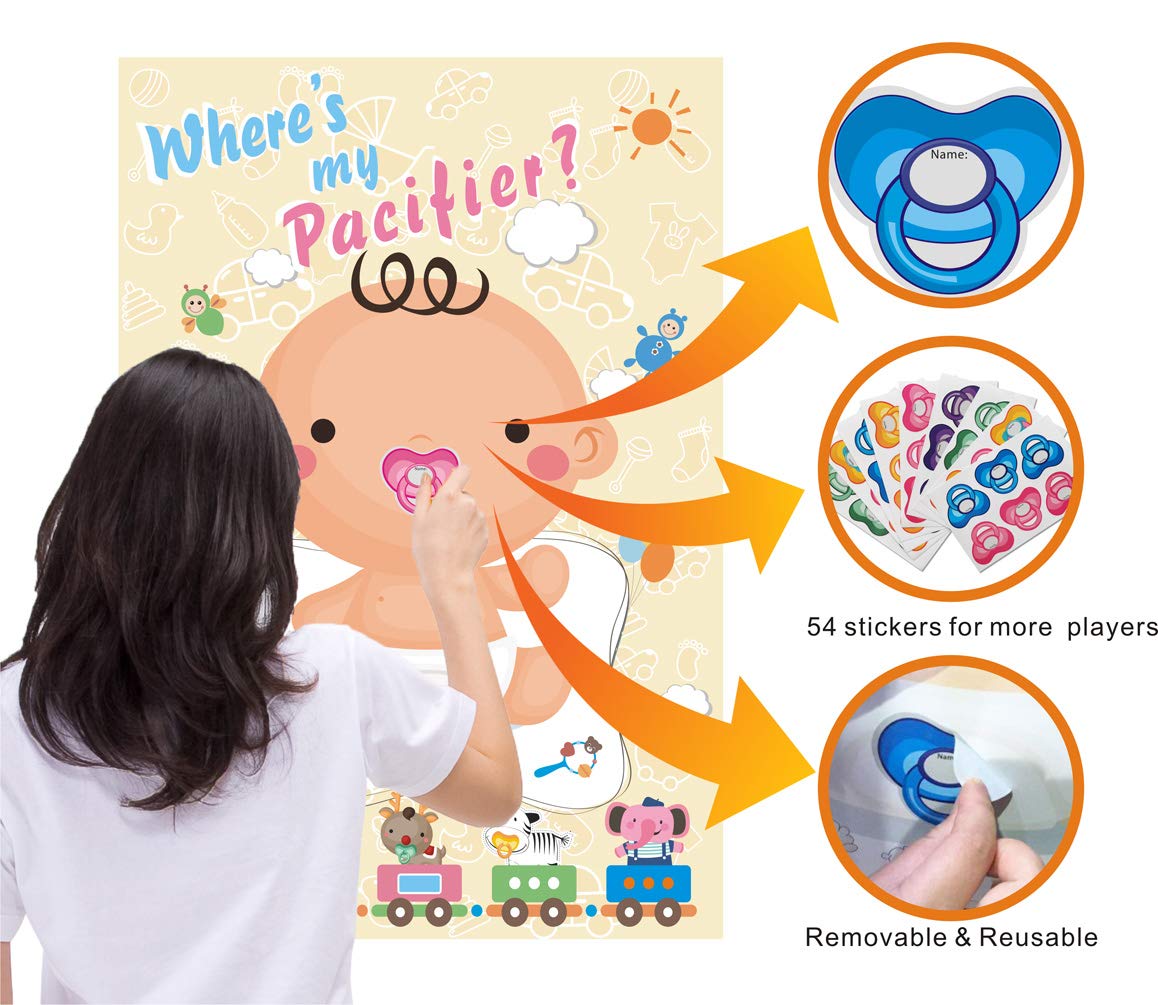 ADJOY Pin The Pacifier on The Baby Game - Baby Shower Party Favors and Game - Pin The Dummy on The Baby Game