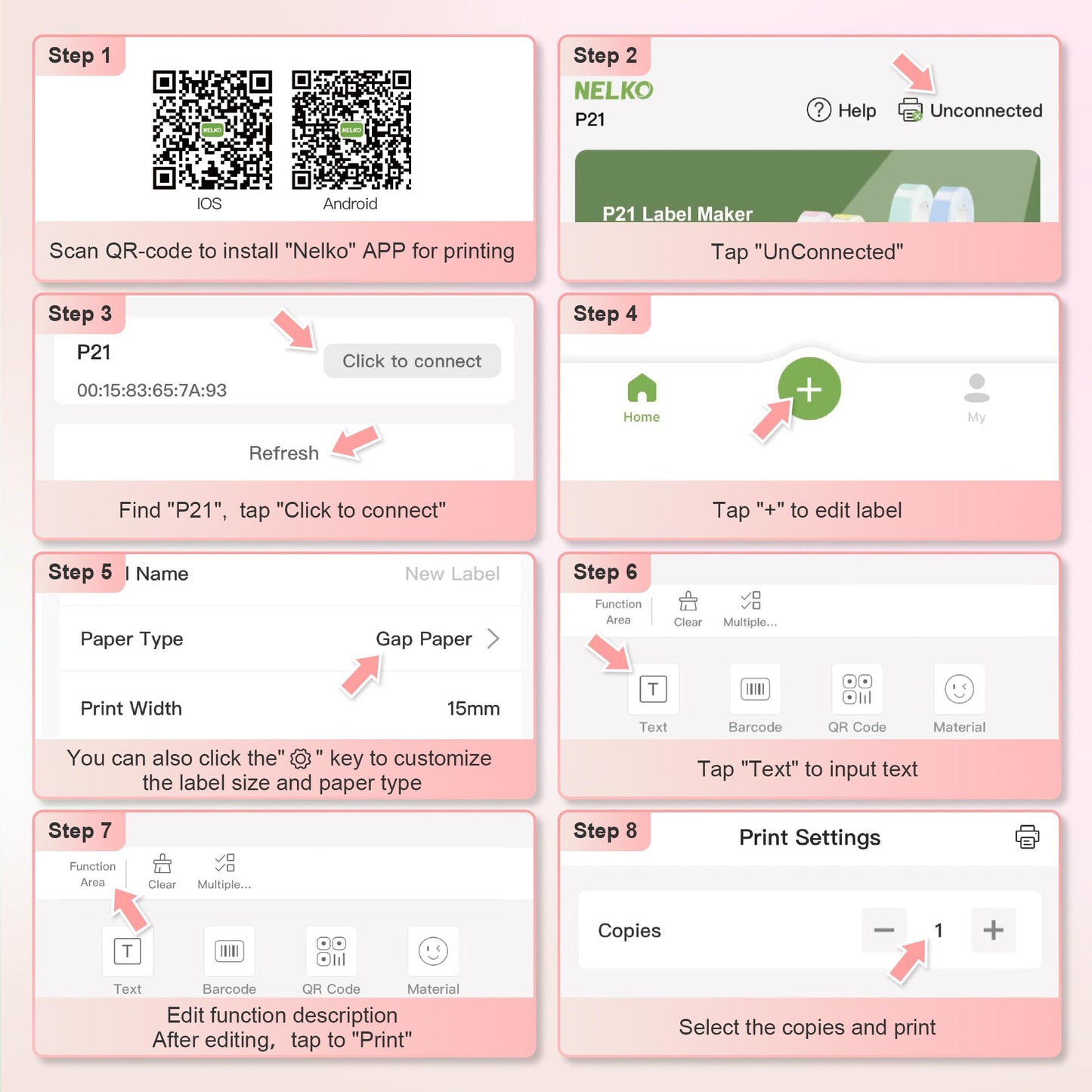Nelko Label Maker Machine with Tape, P21 Portable Bluetooth Label Printer, Wireless Built-in Cutter Sticker Maker Mini Label Makers with Multiple Templates for Organizing Storage Office Home, Pink