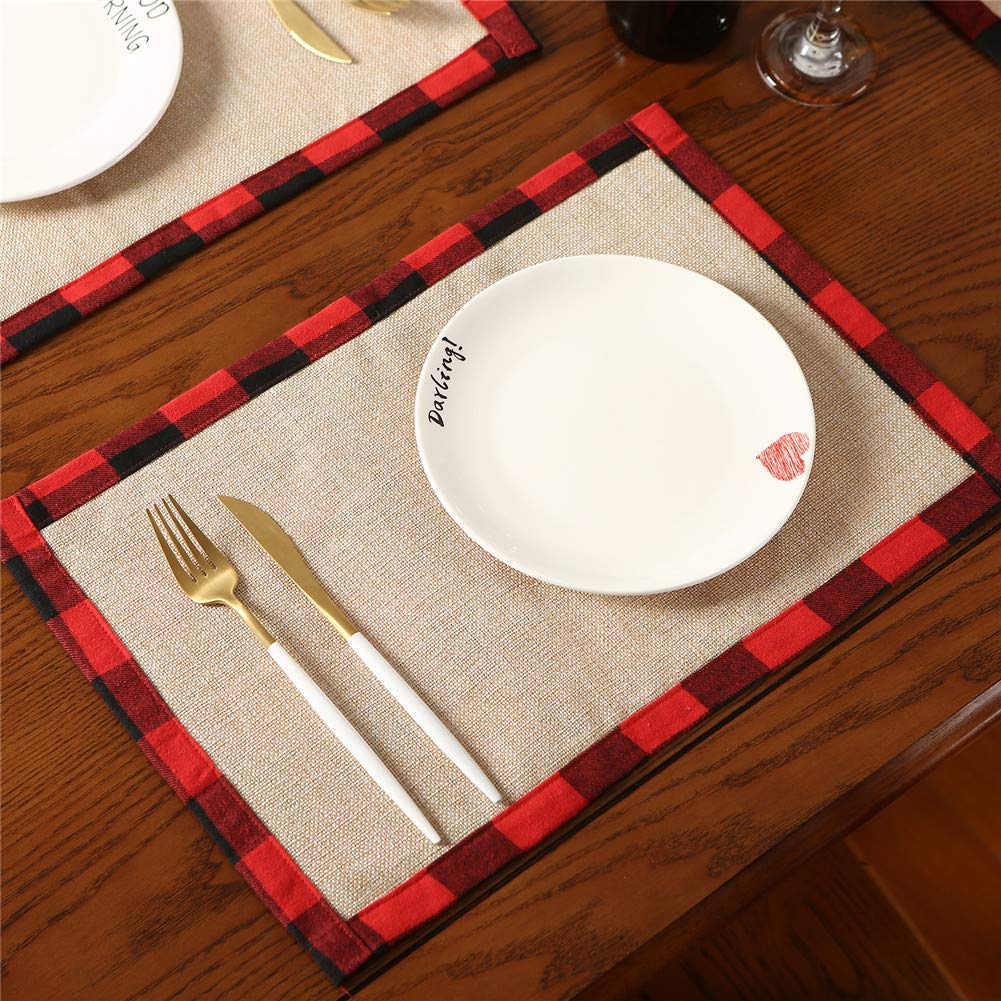 Christmas Buffalo Plaid Placemats Set of 4, Polyester & Burlap Reversible Red and Black Buffalo Check Place Mats Christmas Dining Table Decorations,12”x17”