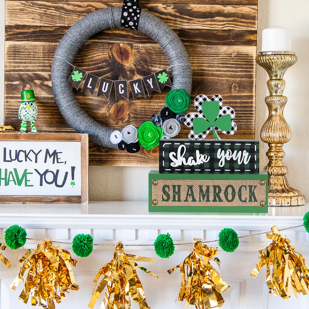 St Patricks Day Decorations, 3-Layered Shamrock Wood Block St Patricks Day Decor, Shamrock Ornaments Shake Your SHAMROCK Sign Saint Patricks Day Decorations for the Home, Table, Mantel