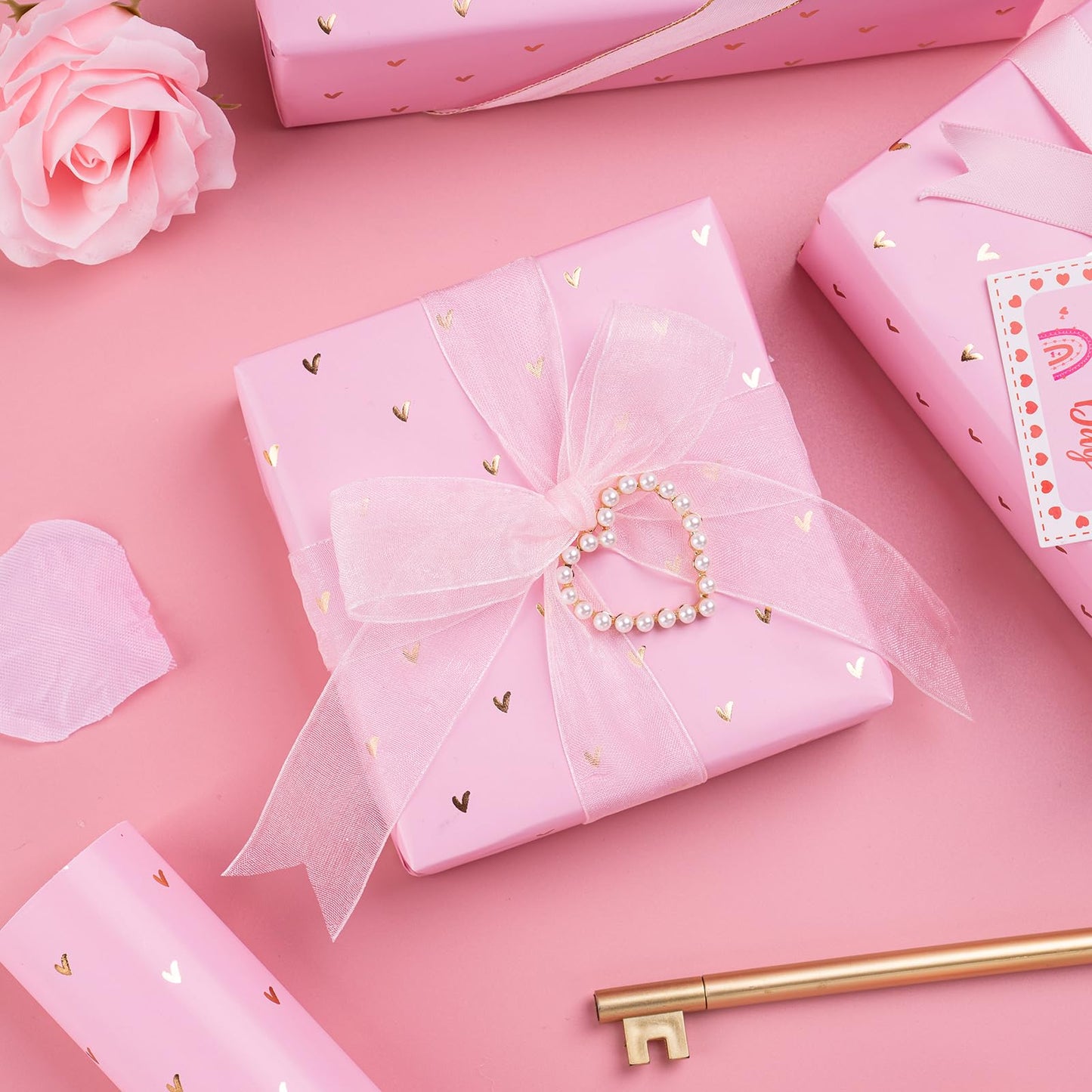 Valentine's Day Wrapping Paper - Mini Roll - 17 Inch X 33 Feet - Sweet Gold Foil Pink Love Heart Design for Valentine's Day, Wedding, Anniversary, Birthday, Baby Shower