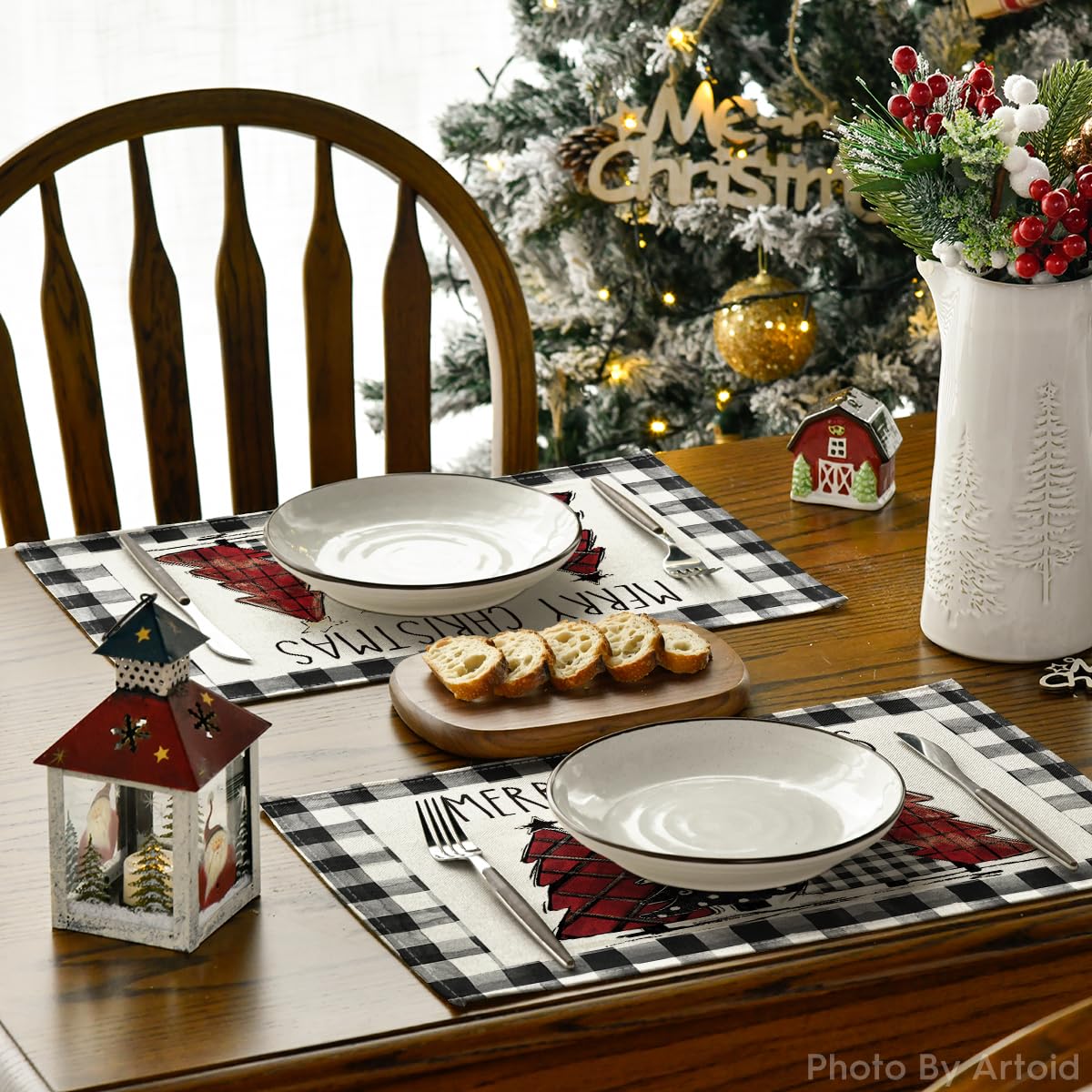 Artoid Mode Waterclor Buffalo Plaid Christmas Trees Placemats Set of 6, 12x18 Inch Winter Table Mats for Outdoor Home Party Kitchen Dining Decor