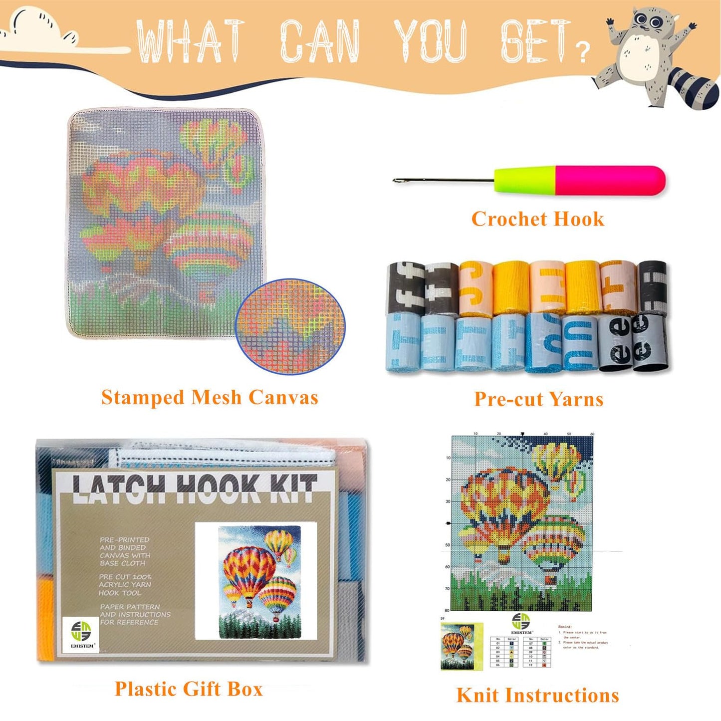 Latch Hook Kits for Adults - DIY Latch Hook Rug Kits for Kids, Crochet Kit for Beginners, Rug Making Kits with Printed Canvas, Gift Packaging.(Colorful Hot Air Balloons, 20x15)