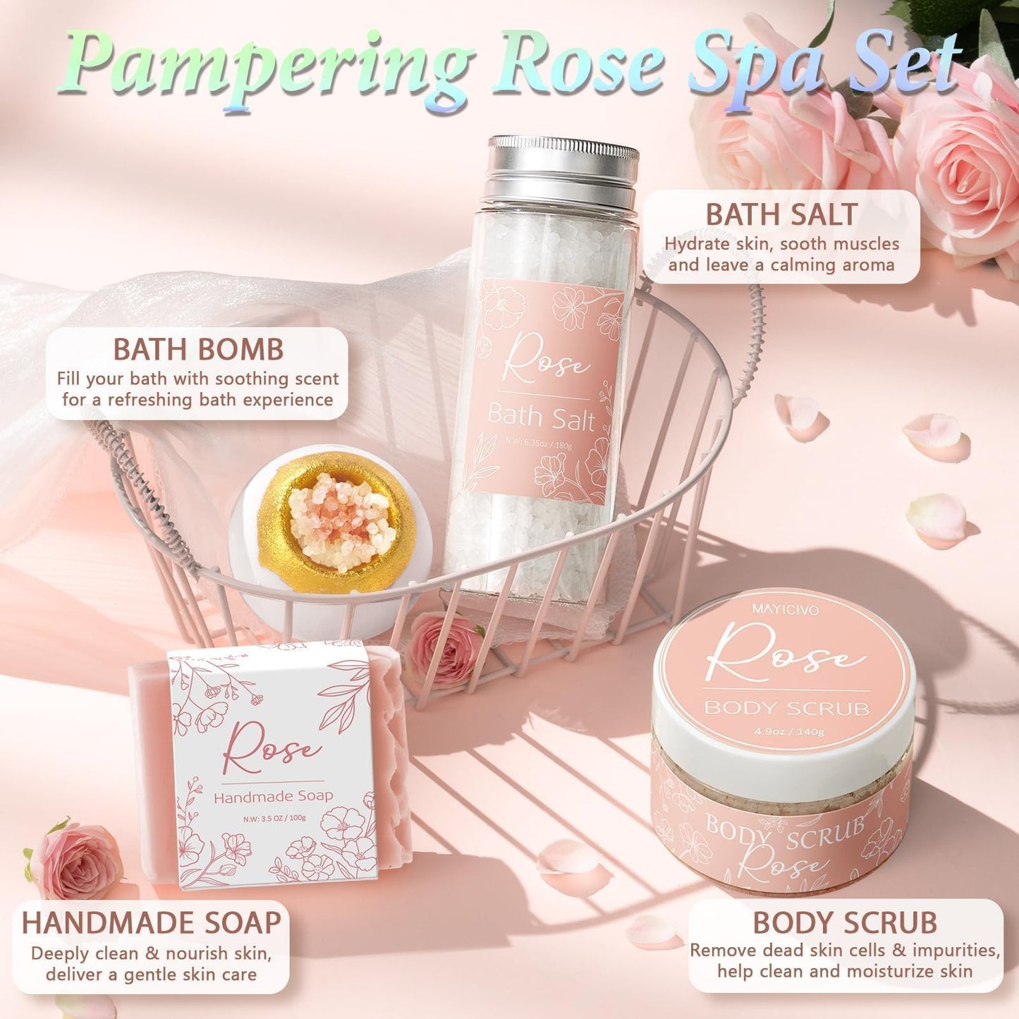 Spa Gifts for Women Bath Gift Set, Rose Relaxing Spa Gift Baskets Home Bath Set Self Care Kit Care Package Thank You Birthday Mothers Day Easter Gifts for Women Her Mom Sister Friends Teen Girls Wife