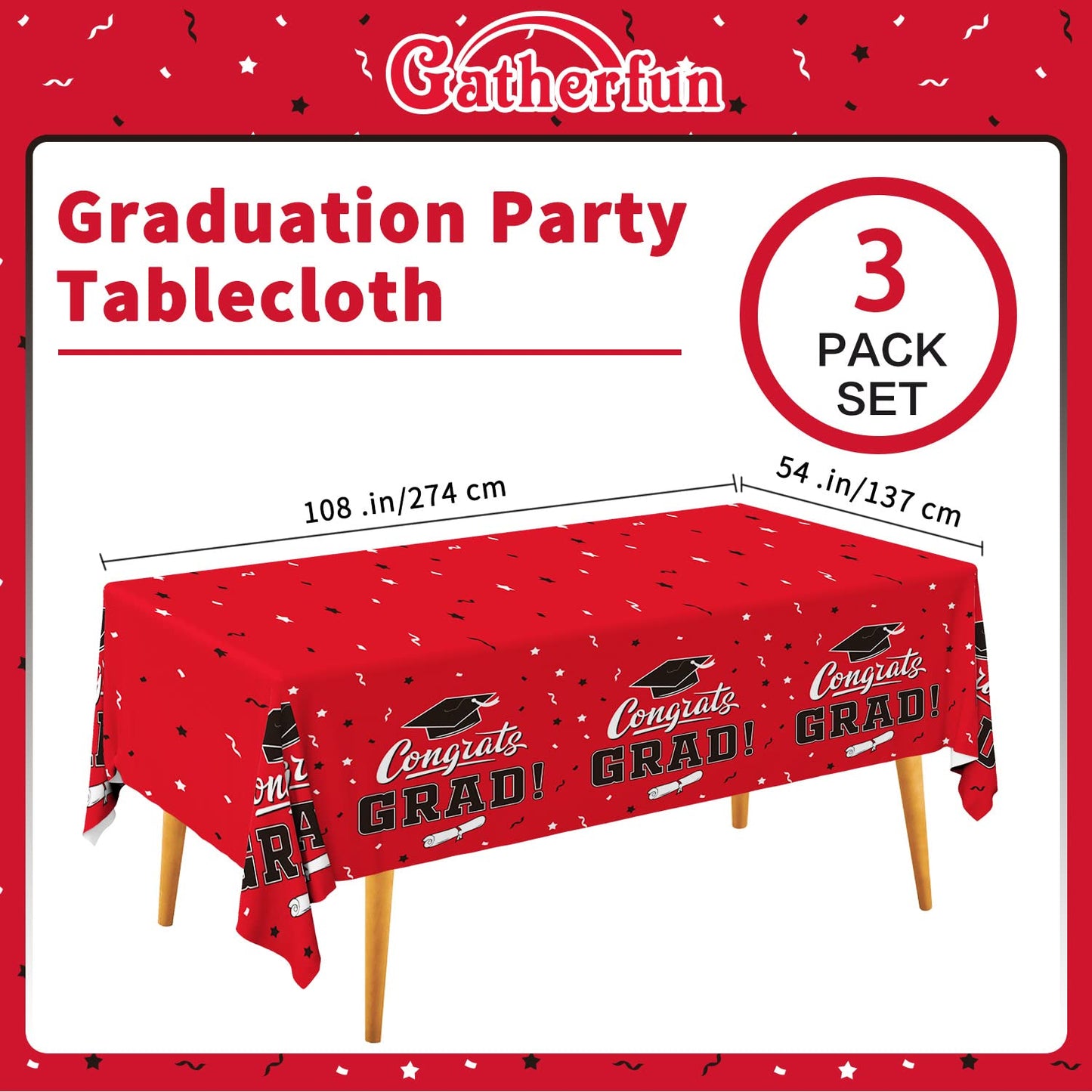 Gatherfun Graduation Party Decorations, Gongrats Grad Tablecover for Graduation Party Supplies, 3 pcs Class Red Table Cloths, 54"x108"