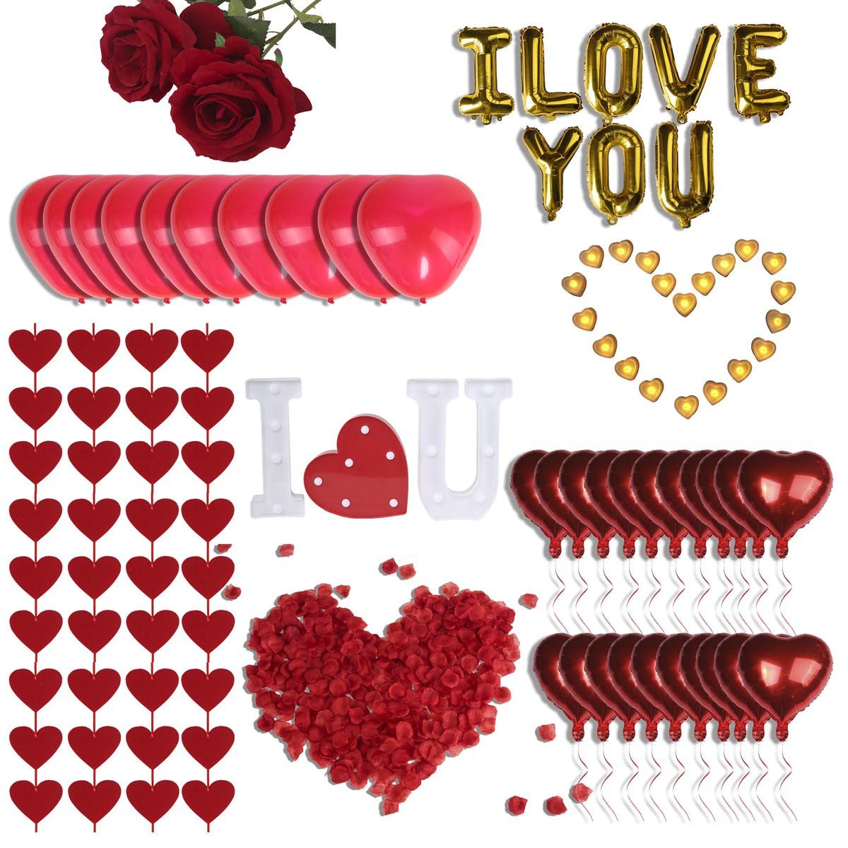 Romantic Decorations Valentines Day, Anniversary, Bedroom Special Night Décor - 3000 Rose Petals, LED & Balloon "I Love You" 36 Heart Candles, 2 Artificial Roses, 144 Red Heart Strings, Heart Balloons
