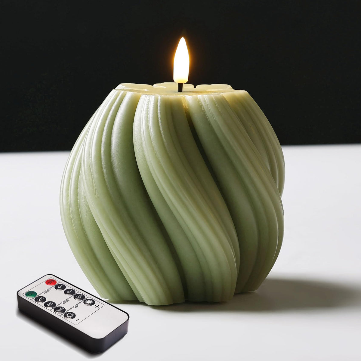 Girimax Sage Green Swirl Flameless Candle with Remote Timer