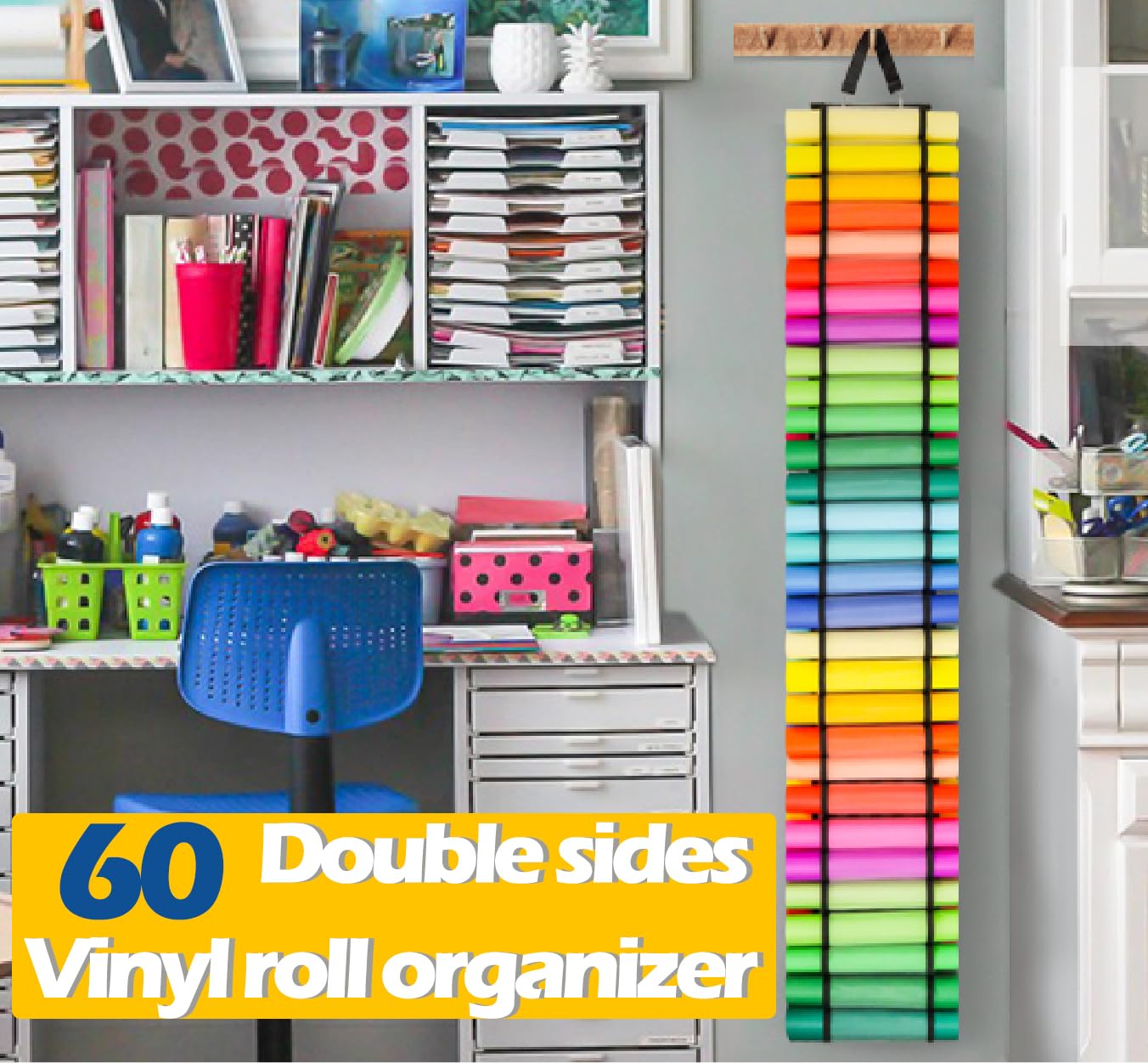 Vinyl Roll Holder, 60 Compartments Vinyl Roll Storage for Permanent Vinyl Organizer, Craft Storage Organizer,Vinyl Storage Rack for Home Crafts, Door/Wall Mount