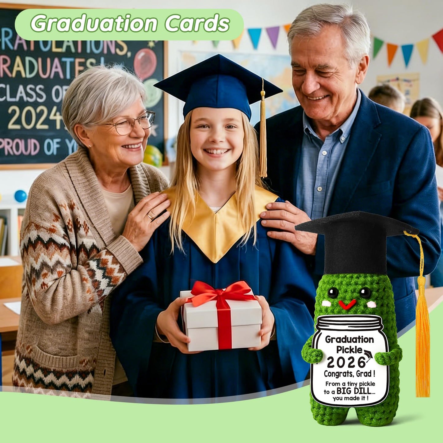 MAMAGIFTREE Graduation Gifts Graduation Decorations 2026 Pickle Funny Handmade Crochet Grad Gifts for Him Her Graduation Cards- Cute Congrats Class High School College Congrats Grad Sign