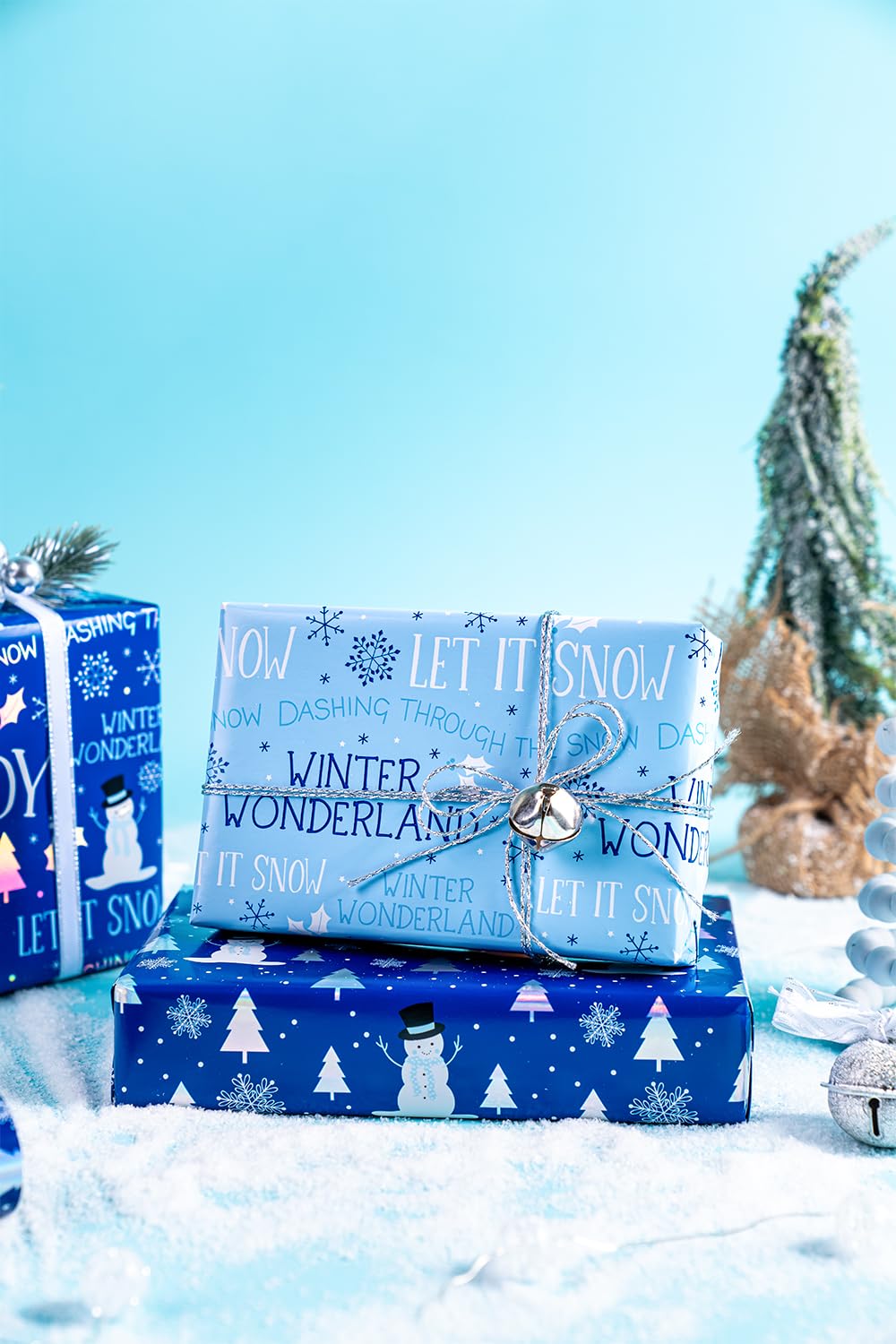 Christmas Wrapping Paper Roll - Mini Roll - 3 Rolls - 17 Inch x 120 Inch Per Roll - Blue and White Winter Wondland, Snowflake, Snowman Holiday Collection with Metallic Foil Shine