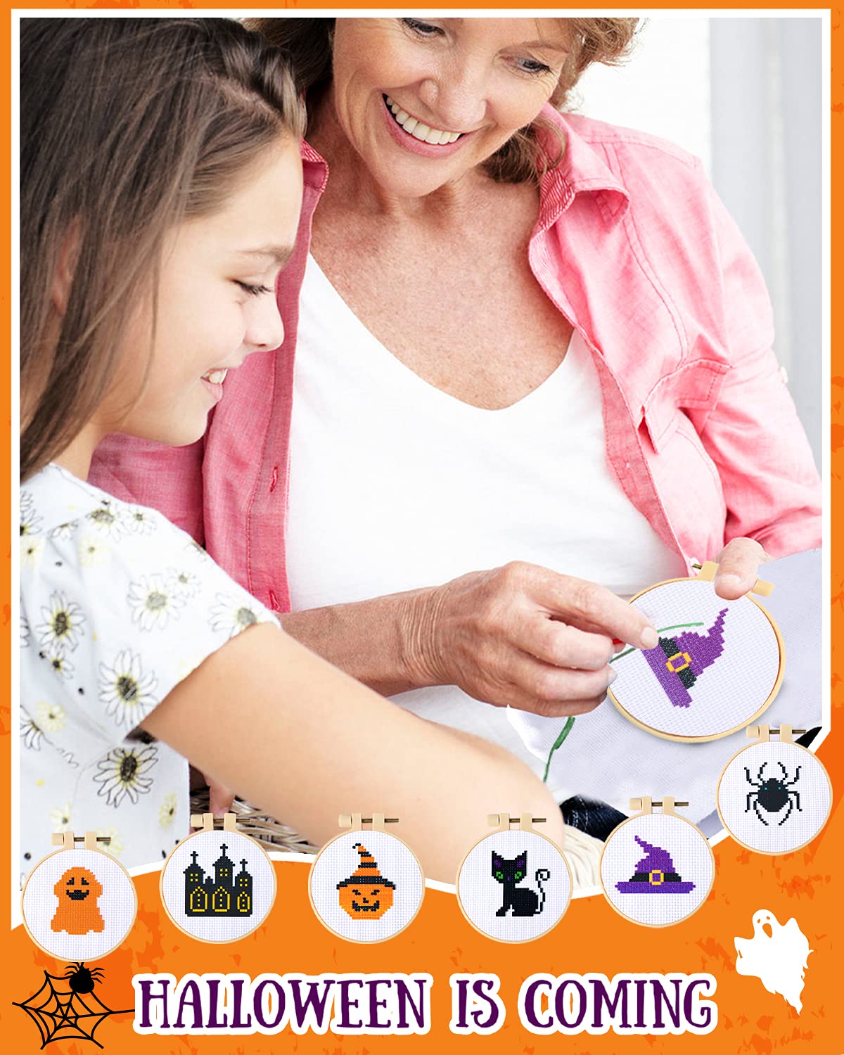 Pllieay Halloween Cross Stitch Beginner Kit for Kids 7-13, Includes 6pcs Project Cross Stitch Pattern and 2pcs Hoops, 8 Skeins, Needle Point Starter Kit Sewing Set with Instructions