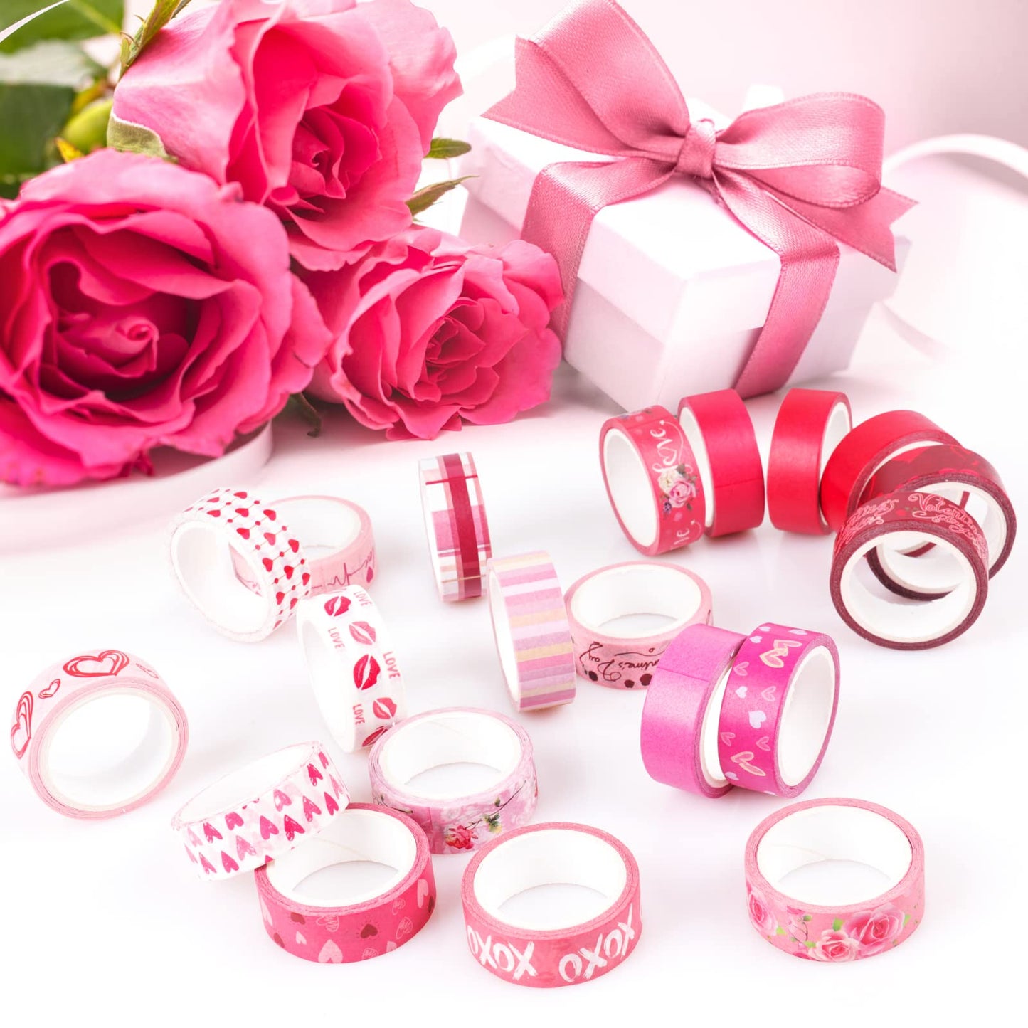 Pink Decorative Tape Set 20 Rolls Heart Floral Washi Tape Aesthetic DIY Valentines Masking Tape for Kids Craft Notebook Scrapbooking & Stamping Supplies