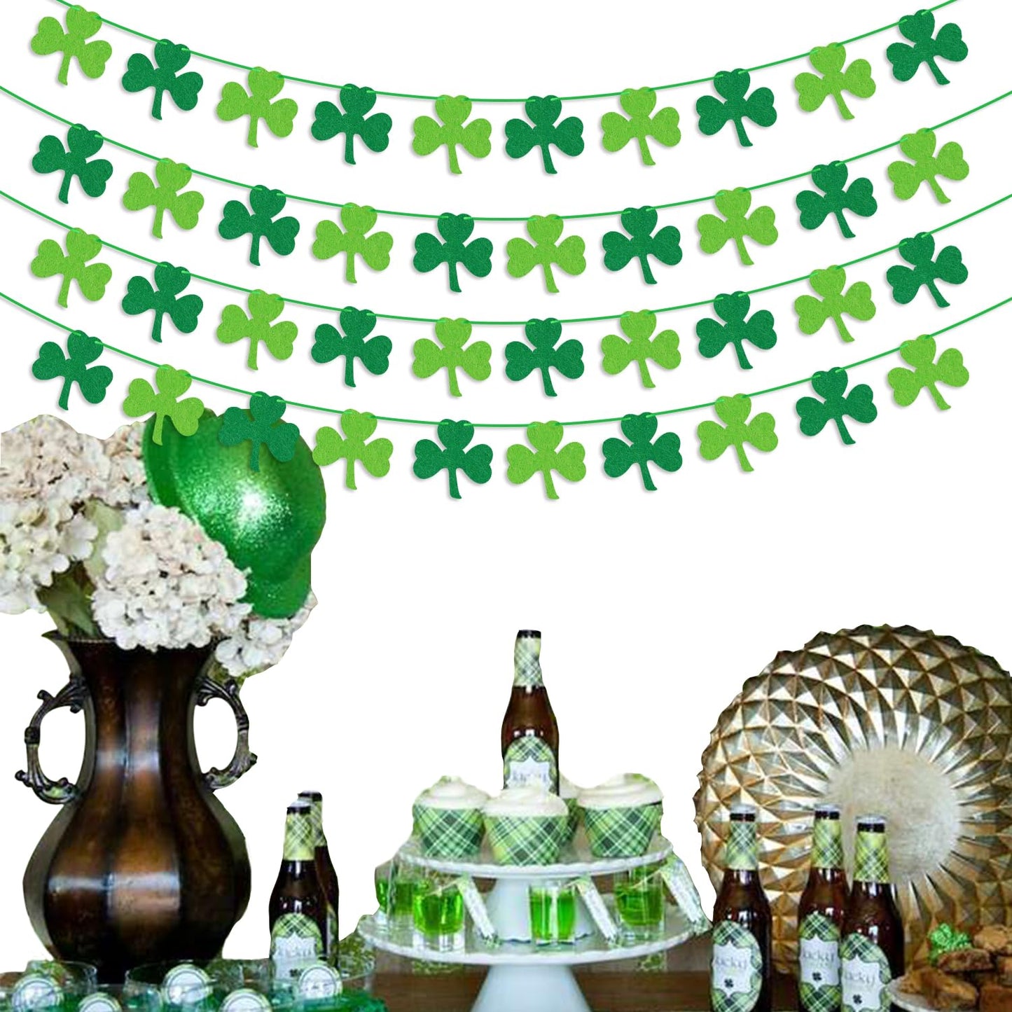 St Patricks Day Decorations 4PCS Felt Shamrock Garland Banner - NO DIY Shamrock Clover Garland Banner for St Patricks Day Decor - Dark Green Light Green for Irish Party Supplies