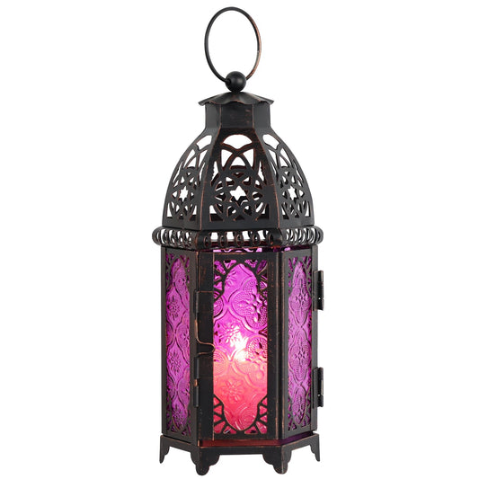 NEEDOMO Ramadan Decorations, Hanging Moroccan Lantern, 11'' Vintage Candle Holder, Metal Lanterns Decorative Indoor Outdoor, Table, Patio, Porch, Shelf, Gothic Home Decor (Purple)