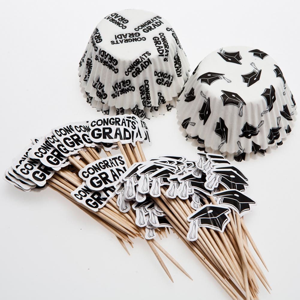 Fun Express Graduation Cupcake Liners with Picks (100 Picks and 100 Cupcake Liners) "Congrats Grad" and Graduation Cap, Party Supplies and Decorations