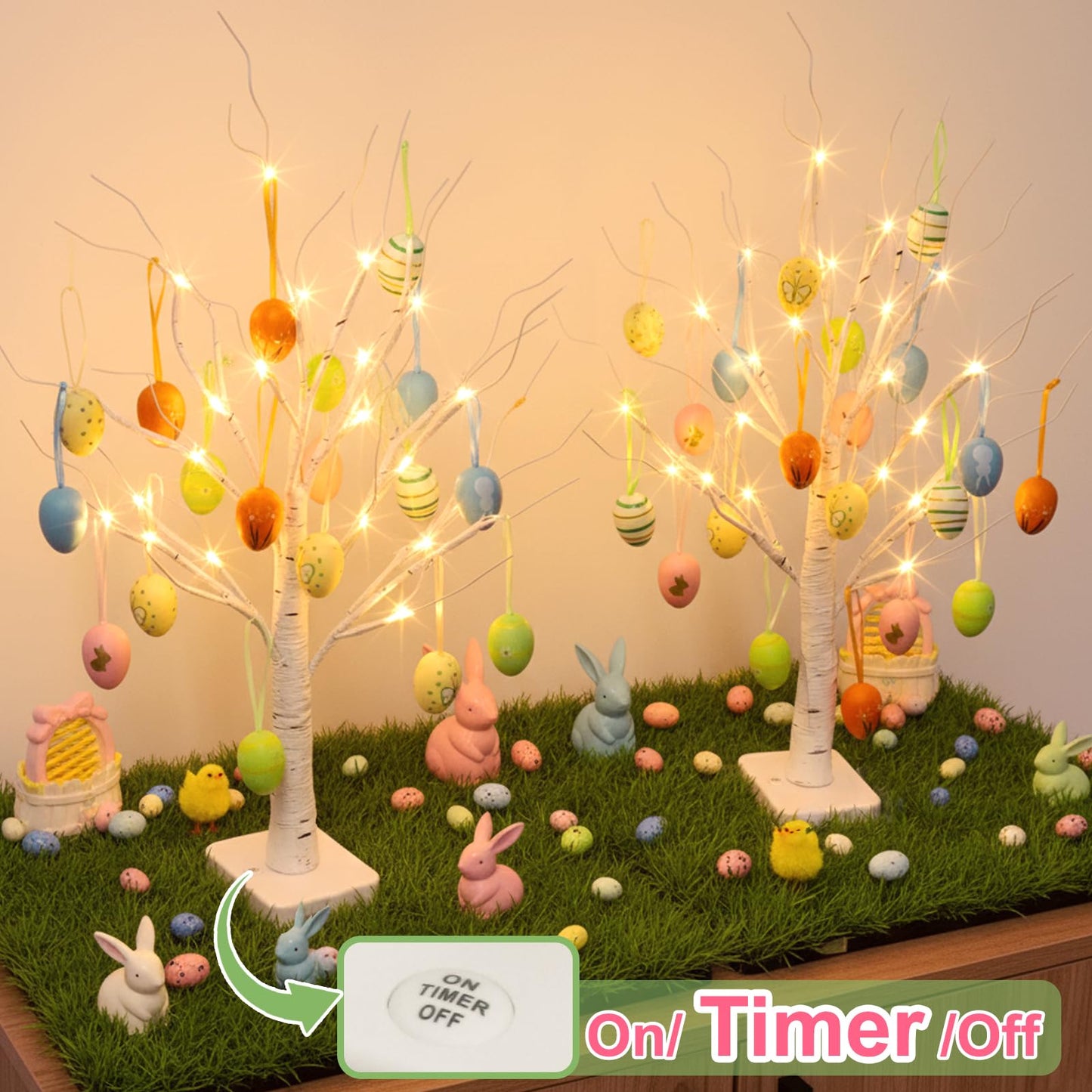 Easter Decorations, Easter Egg Tree with 36 pcs Eggs Ornaments, Lighted White Birch Tree with Timer Battery Powered, for Home Tabletop Centerpiece Spring Indoor Decorations (2 Pack 24 LED)
