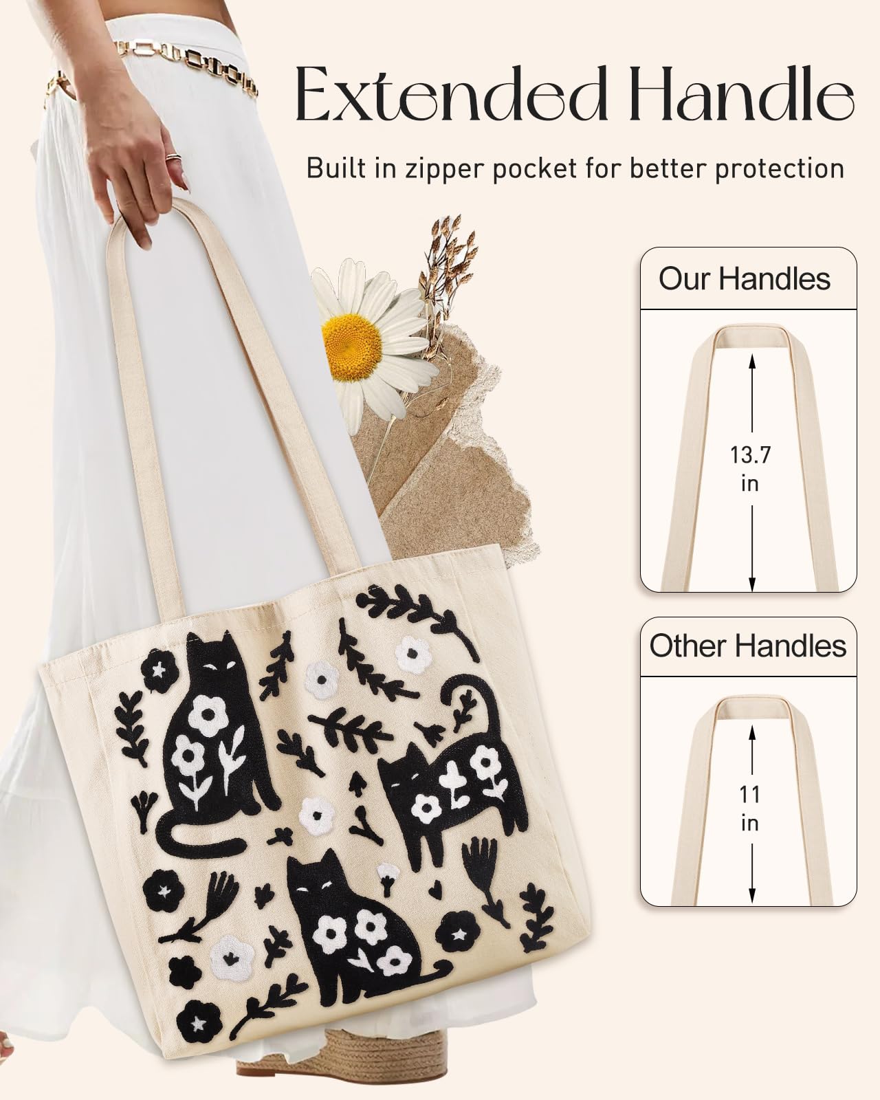 Miss Adola Embroidery Canvas Tote Bag for Women - Reusable Totes with Pocket & Magnetic Buckle Cute Aesthetic Designer Shoulder Bags for Shopping Grocery Daily Work, Black Cat Flower