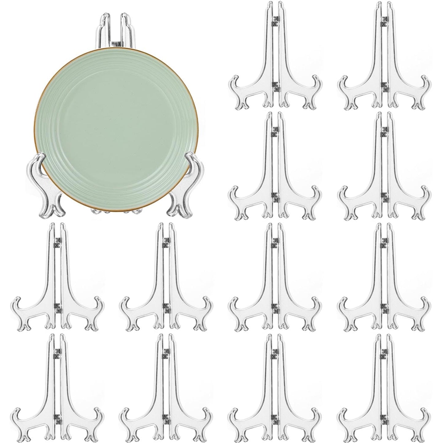 12 Pack 6 Inch Clear Plastic Easels or Stand/Plate Holders to Display Pictures or Other Items at Weddings, Plate Stands for Home Decoration, Birthdays, Tables