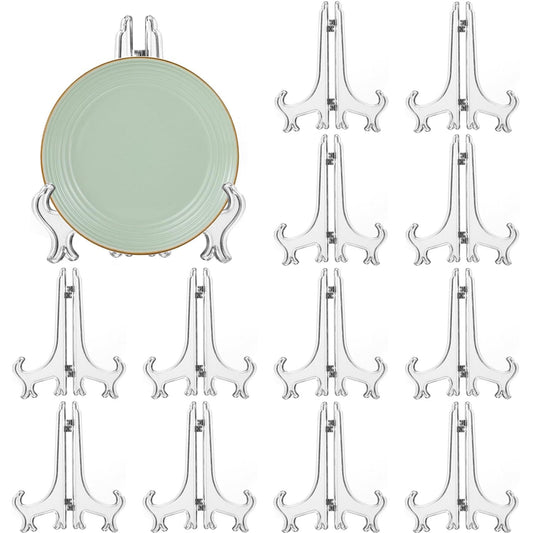 12 Pack 6 Inch Clear Plastic Easels or Stand/Plate Holders to Display Pictures or Other Items at Weddings, Plate Stands for Home Decoration, Birthdays, Tables