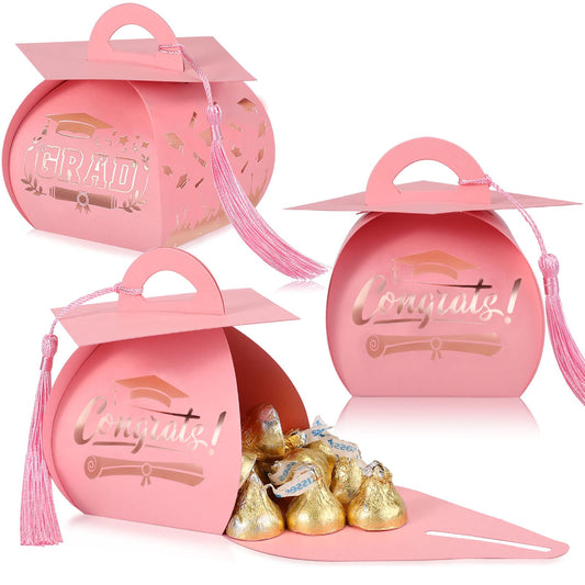 TaoBary 30 Pcs Graduation Cap Gift Boxes Graduation Decorations Class of 2026 Candy Box with Tassel for 2026 Grad Party Favors Supplies(Pink, Rose Gold)