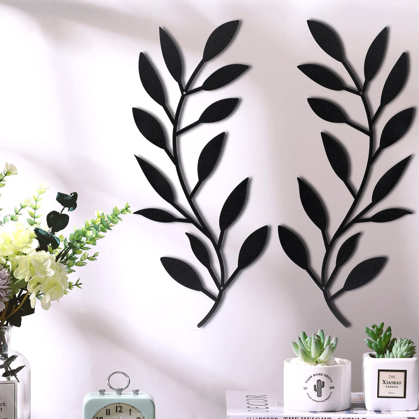 2 Pieces Metal Tree Leaf Wall Decor Vine Olive Branch Leaf Wall Art Living Room, Hallway Wall Decor Outdoor Decoration (Black)
