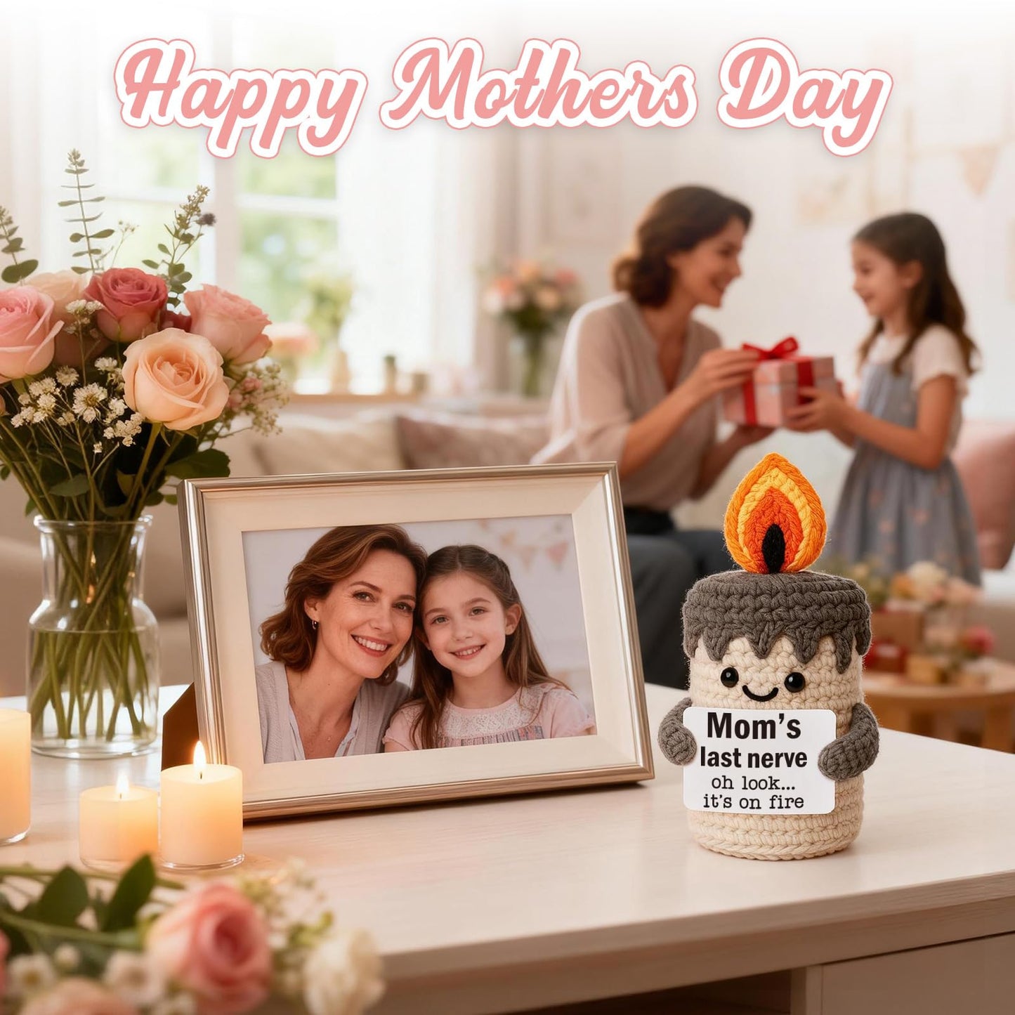 YUEYUQIU Funny Mom Gifts for Mothers Day - Birthday Gifts for Mom from Daughter Son, Cute Christmas Mother's Day Easter Candle Gift for Mother Mama Mommy - Handmade Crochet Mom's Last Nerve Candle