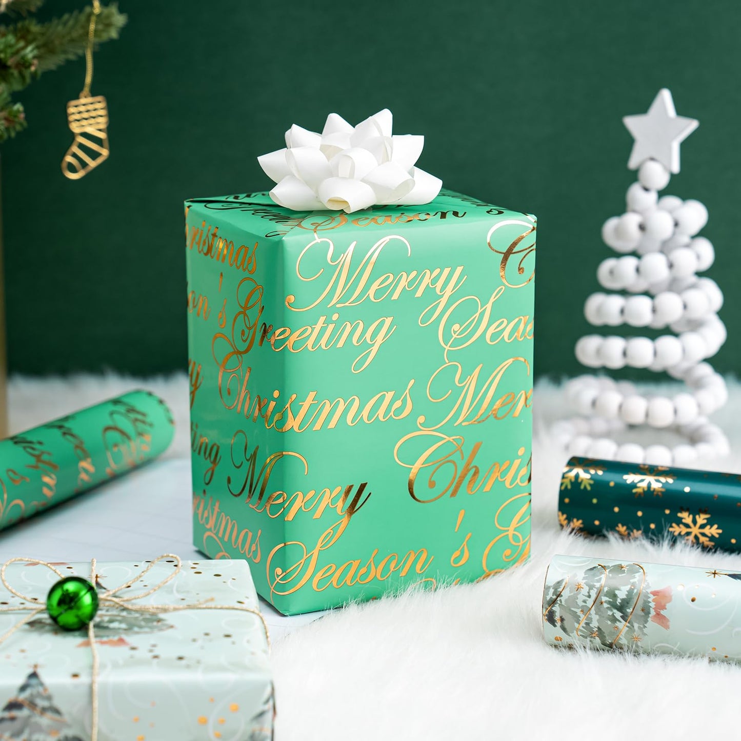Christmas Wrapping Paper - 3 Rolls, 17 Inch X 120 Inch Each - Green Foil Christmas Tree, Snowflake Designs with Metallic Shine - Perfect for Christmas, Holiday