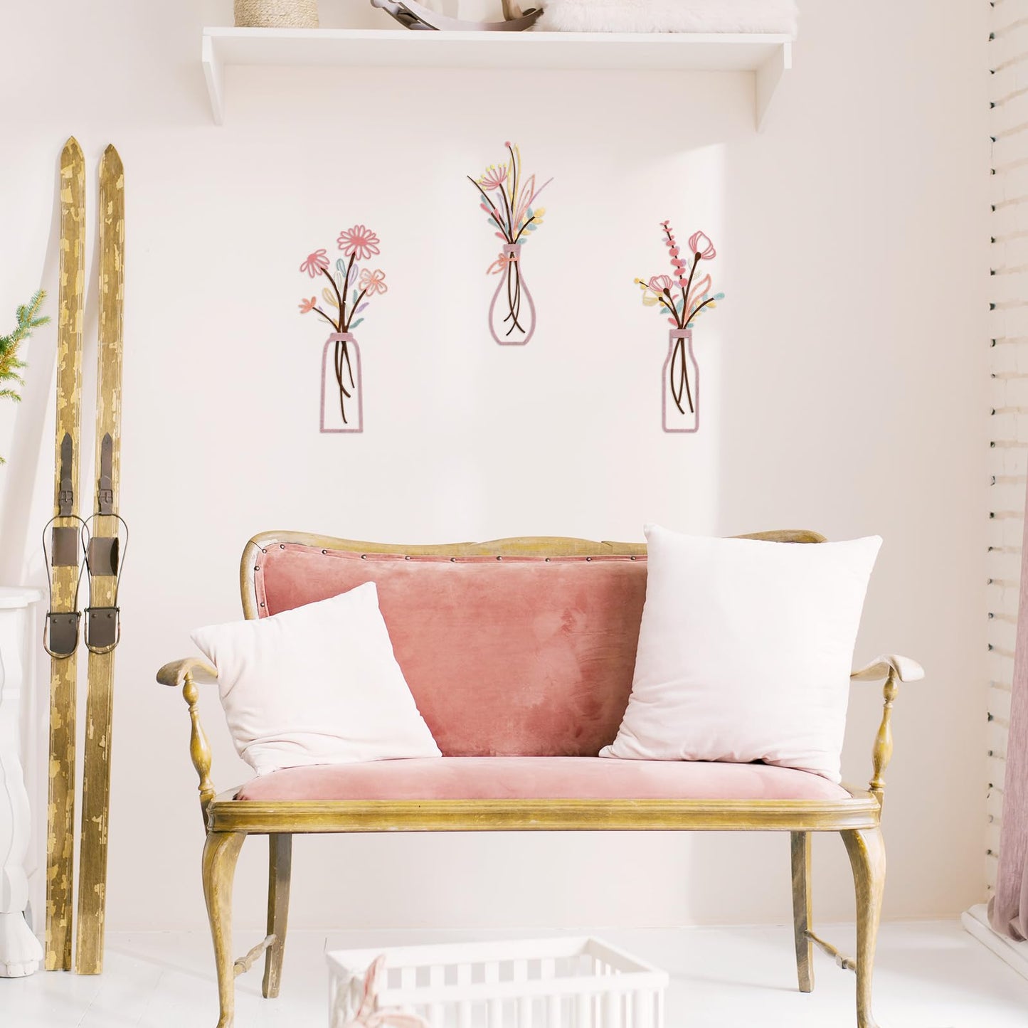 3 Pieces Metal Flowers Wall Arts - Rustic Farmhouse Style Décor Metal Wall Art Black Minimalist Flower Natural Themed Wall Decors for Home Bedroom Dining Room Housewarming (Pinkish)