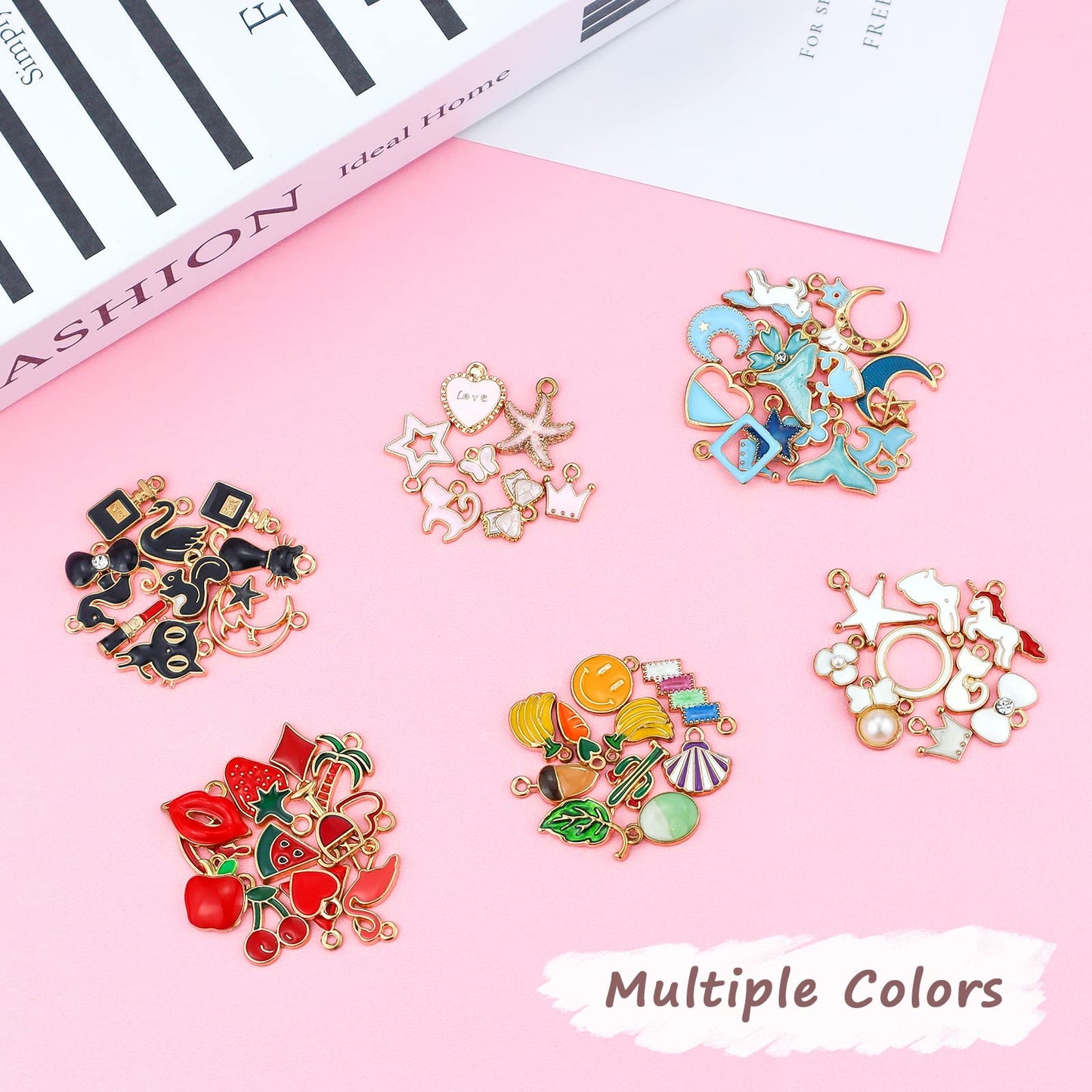 JIALEEY 60PCS Assorted Gold Plated Enamel Animal Moon Star Fruit Charm Pendant DIY for Necklace Bracelet Jewelry Making and Crafting